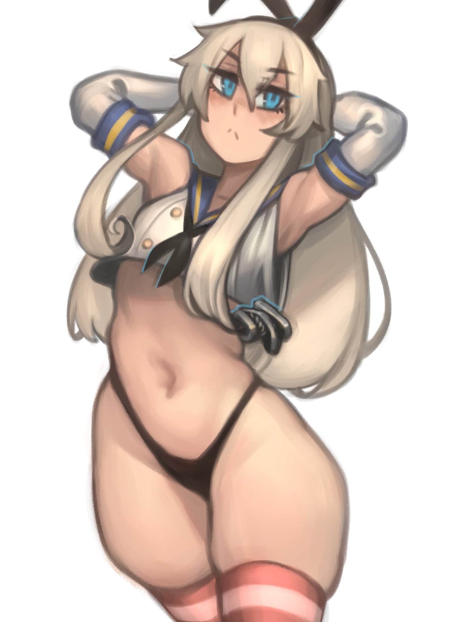 1girls, armpits, arms behind head, black panties, black thong, blonde hair, blue eyes, bottom heavy, breasts, female, female only, flat chest, huge thighs, kantai collection, kelvin hiu, looking at viewer, no pants, no skirt, panties, shimakaze (kantai collection), simple background, skindentation, small breasts, solo, standing, thick thighs, thighhighs, thong, wide hips