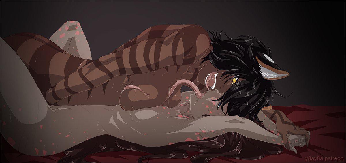 2girls, bedsheet, breast licking, breast press, breasts, cat ears, cat eyes, cat girl, catgirl, dark fur, dark skin, dark-skinned female, female, golden eyes, grabbing hand, ilia amitola, lesbian sex, licking breast, lizard girl, long tongue, multiple females, multiple girls, red bed sheet, rwby, sienna khan, tongue on breast, y8ay8a, yaya (y8ay8a), yuri