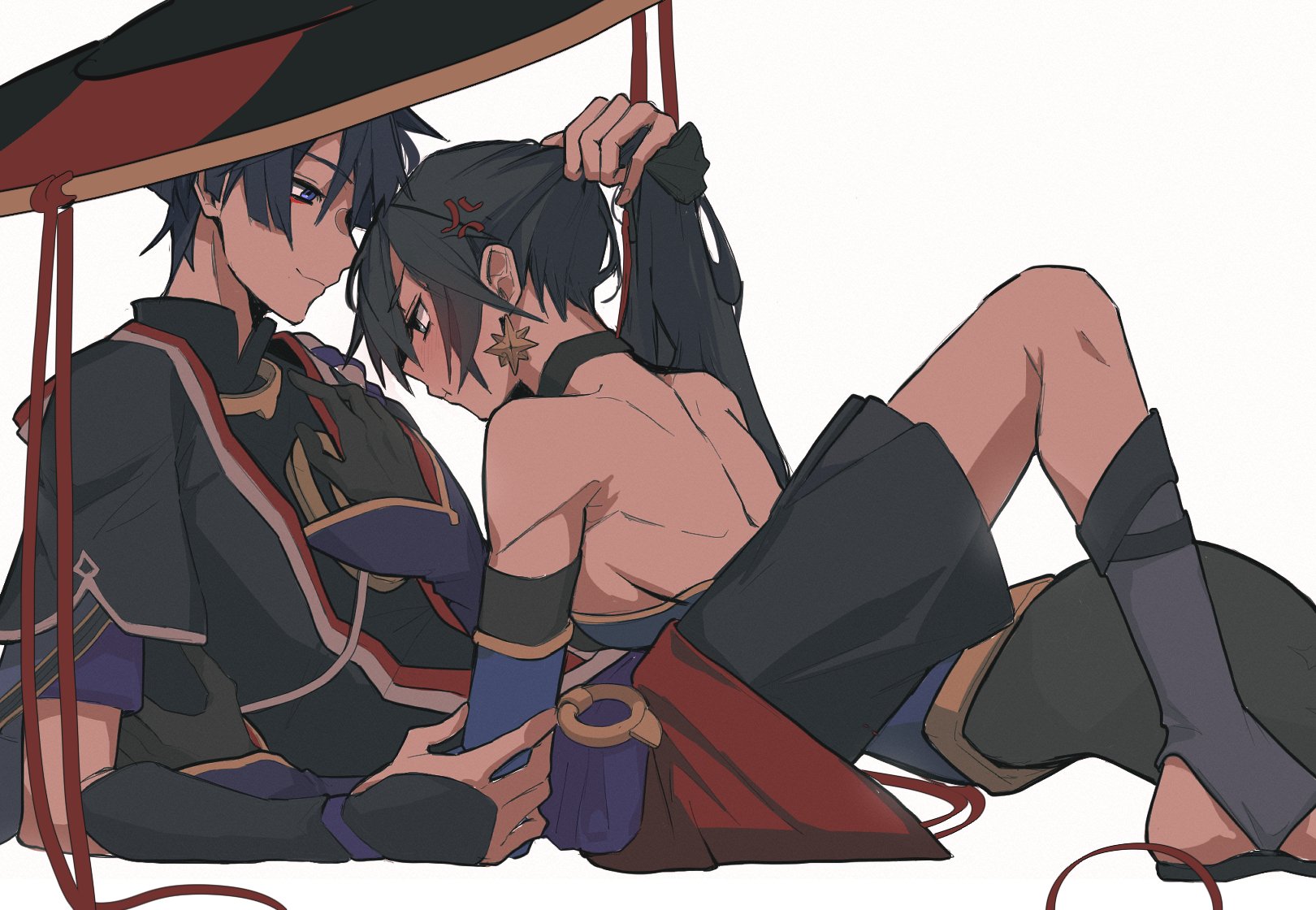 1boy, 1girls, annoyed, artwolfaja, bare shoulders, black hair, blue eyes, blush, bodysuit, earrings, female, genshin impact, hair pull, hat, japanese clothes, leotard, long hair, male, male/female, mona (genshin impact), scaramouche (genshin impact), smile, straight, suggestive, suggestive pose