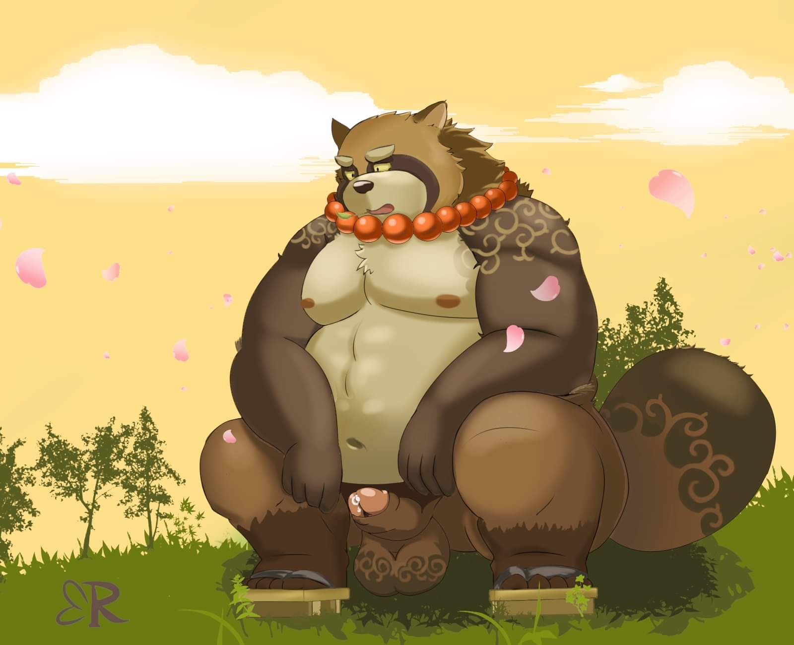 2021 anthro balls belly brown_body brown_fur canid canine erection fur genitals gyobu hi_res humanoid_genitalia humanoid_hands humanoid_penis male mammal moobs navel nipples outside overweight overweight_male penis raccoon_dog ragnadope solo tanuki tokyo_afterschool_summoners video_games