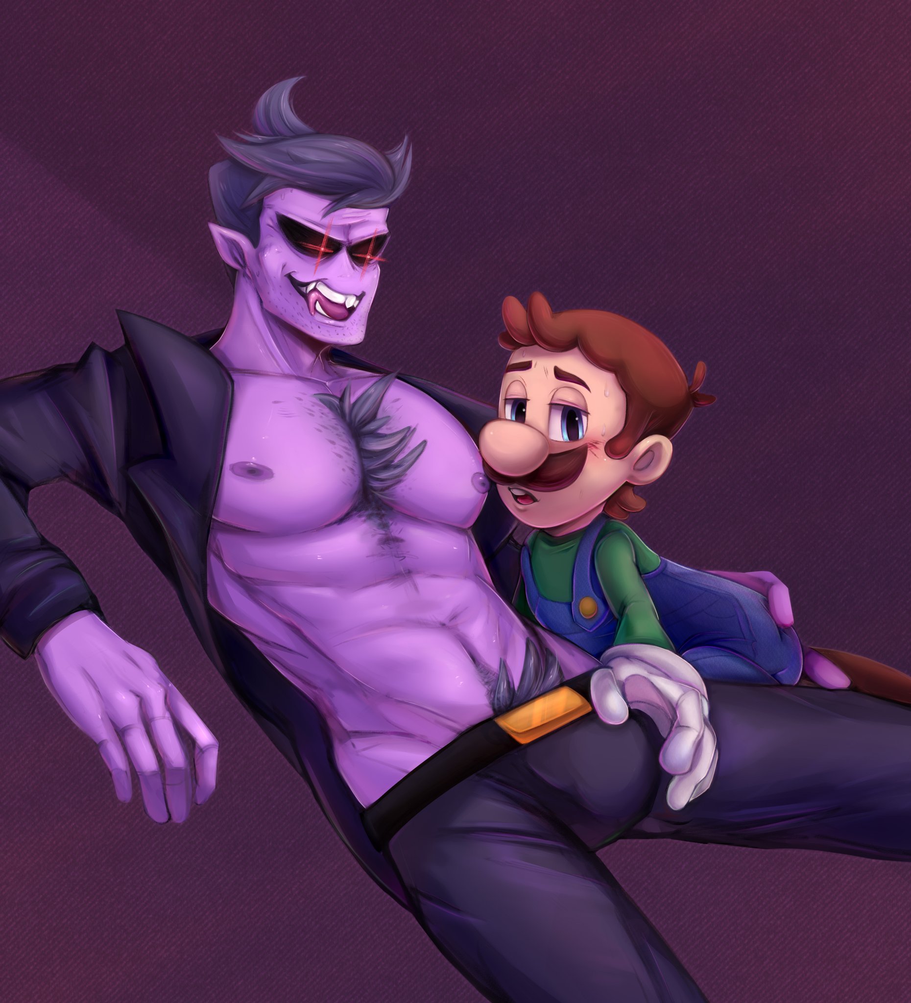 2boys, black sclera, bloosyrell, blue eyes, brown hair, bulge, chest hair, clothed, clothing, crossover, daddy dearest, dilf, father, friday night funkin, funny, gay, glowing eyes, grey hair, looking at another, luigi, male, male only, mario (series), moustache, multiple boys, multiple males, newgrounds, nintendo, nipples, open jacket, overalls, pants, pointy ears, pubic hair, purple skin, red eyes, simple background, super mario bros., weird crossover, yaoi