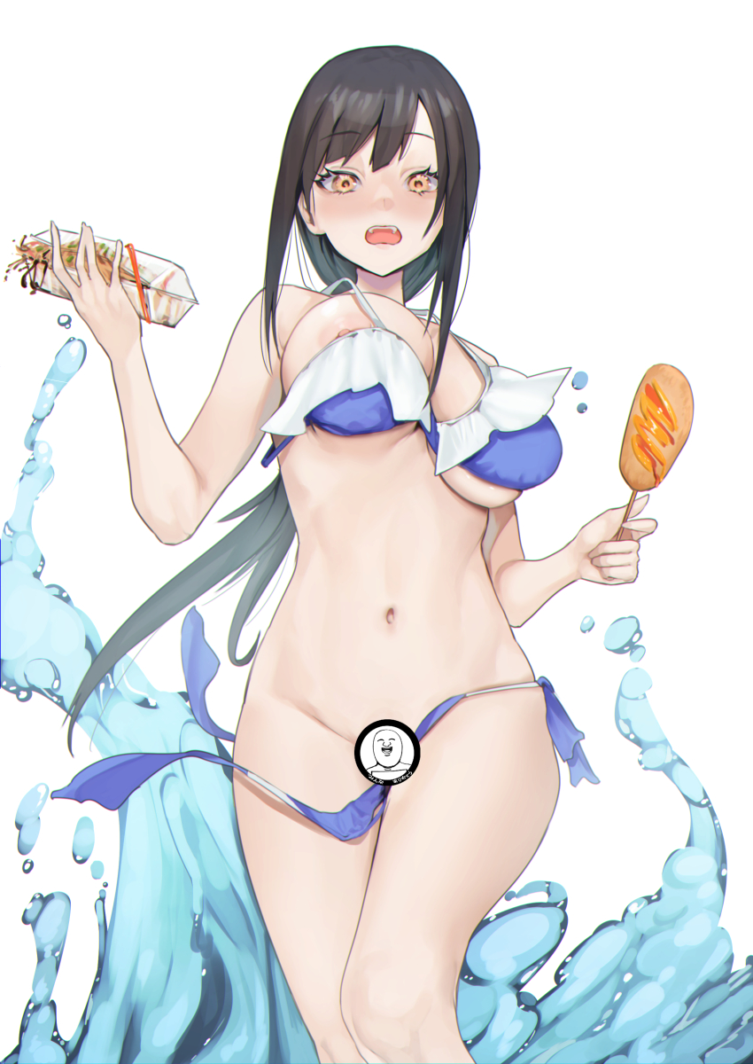 bikini breasts censored highres long_hair masuo nipple_slip nipples simple_background swimsuit wardrobe_malfunction