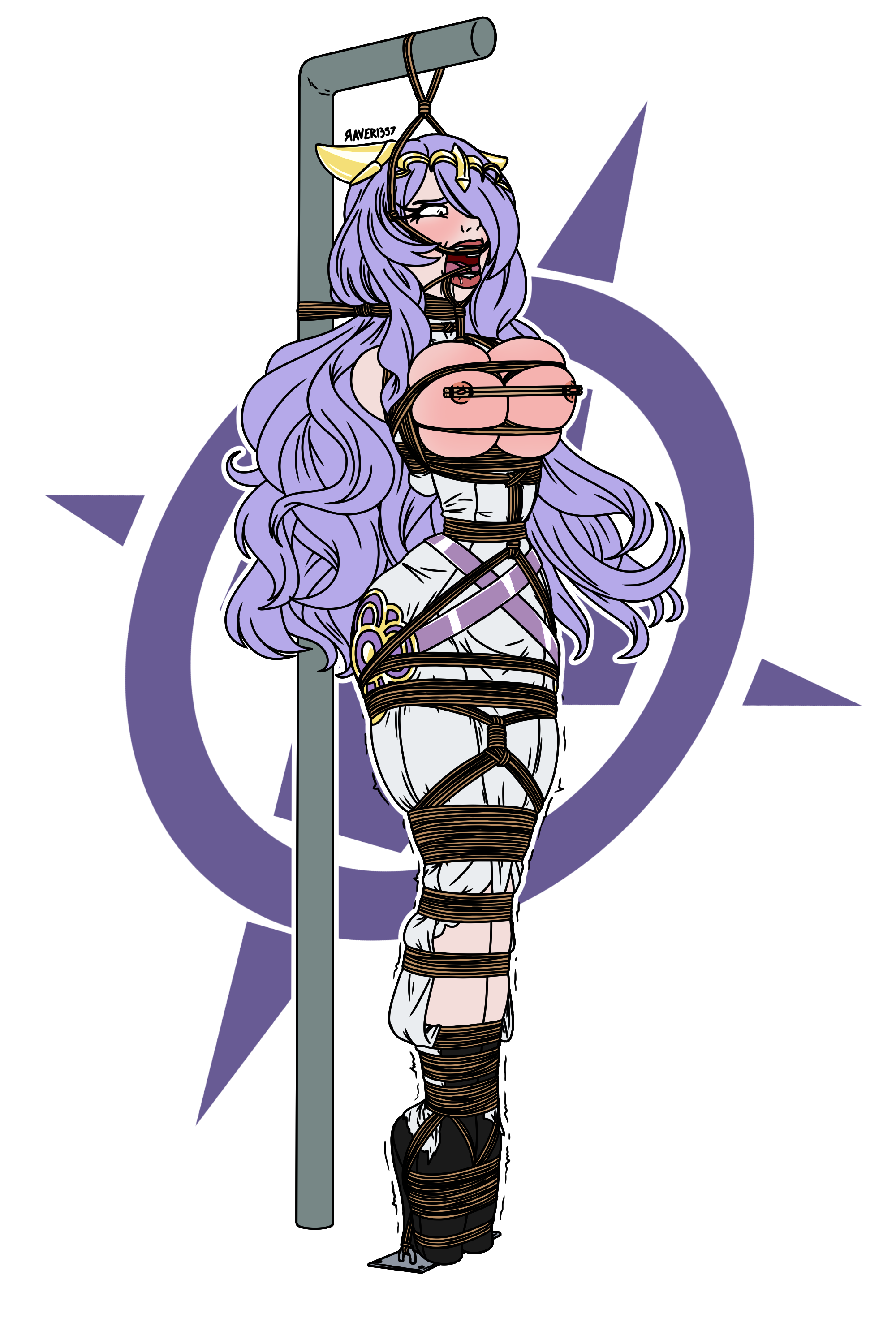 alpha channel, alternate costume, big breasts, bondage, breasts, breasts out, camilla (fire emblem), female, fire emblem, fire emblem fates, fire emblem heroes, for sticker use, gag, large breasts, long hair, nintendo, nipples, no background, open mouth, open mouth gag, png, purple hair, raver1357, small pupils, sticker template, thick lips, transparent background, transparent png, wide hips