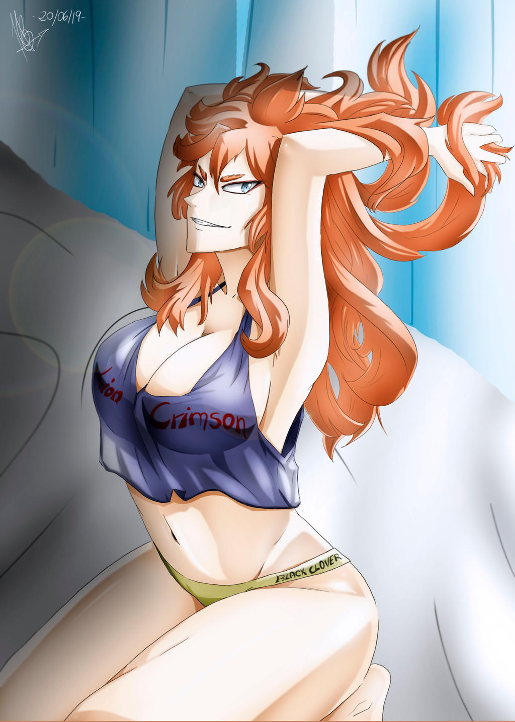 1girls, bare thighs, big breasts, black clover, blue eyes, breasts, cleavage, female, long hair, mereoleona vermillion, orange hair, panties, royalty, smile, topwear