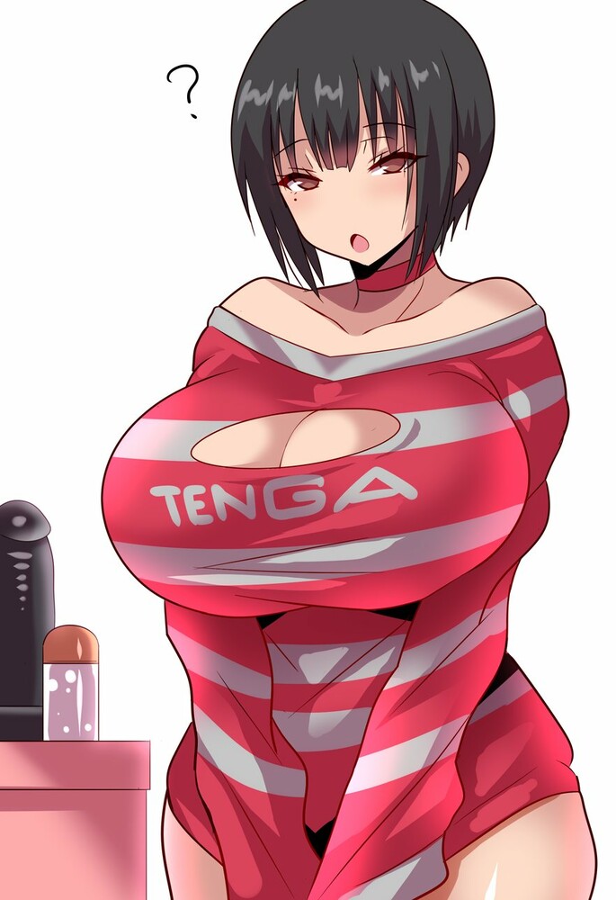 :o ? anime_style bare_shoulders black_hair bob_cut breasts brown_hair chestnut_mouth choker cleavage cleavage_cutout clothing_cutout eyebrows_visible_through_hair female female_only half-closed_eyes huge_breasts konno_tohiro looking_at_viewer mole mole_under_eye no_pants off-shoulder_shirt off_shoulder original red_choker shirt short_hair simple_background solo striped striped_shirt table tenga v_arms voluptuous white_background