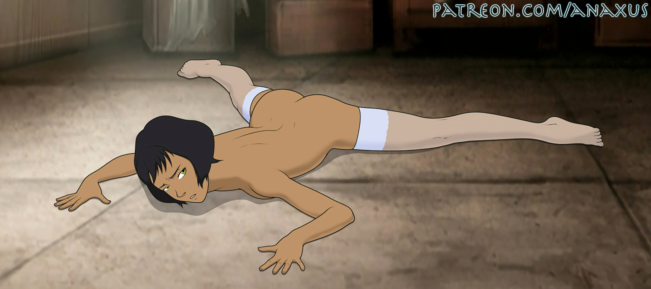 1girls, anaxus, ass, avatar the last airbender, black hair, dark skin, dark-skinned female, earth kingdom, female, female focus, female only, green eyes, lying, lying on stomach, nickelodeon, nude, opal bei fong, posing, prone, short hair, solo, solo focus, spread arms, spread legs, spreading, stockings, tan skin, the legend of korra, thighhighs