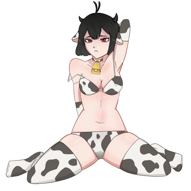 1girls, black clover, black hair, breasts, cow bikini, cow print, female, female focus, female only, horns, red eyes, secre swallowtail, short hair