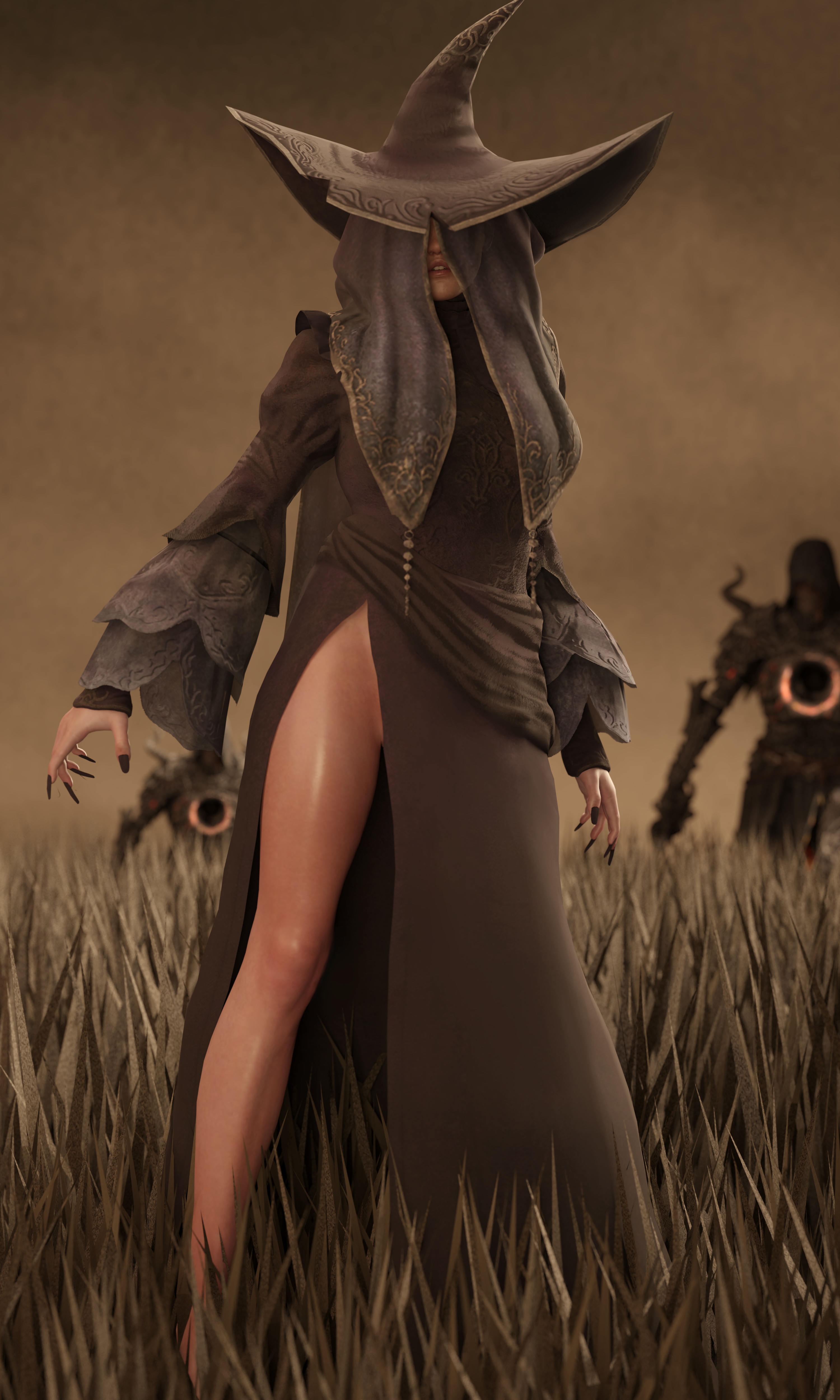 1girls, 3d, covered face, dark souls, dark souls 2, dark souls 3, emberstock, eyeless male, female, fromsoftware, long nails, male, no panties, public, side slit, witch hat, zullie the witch