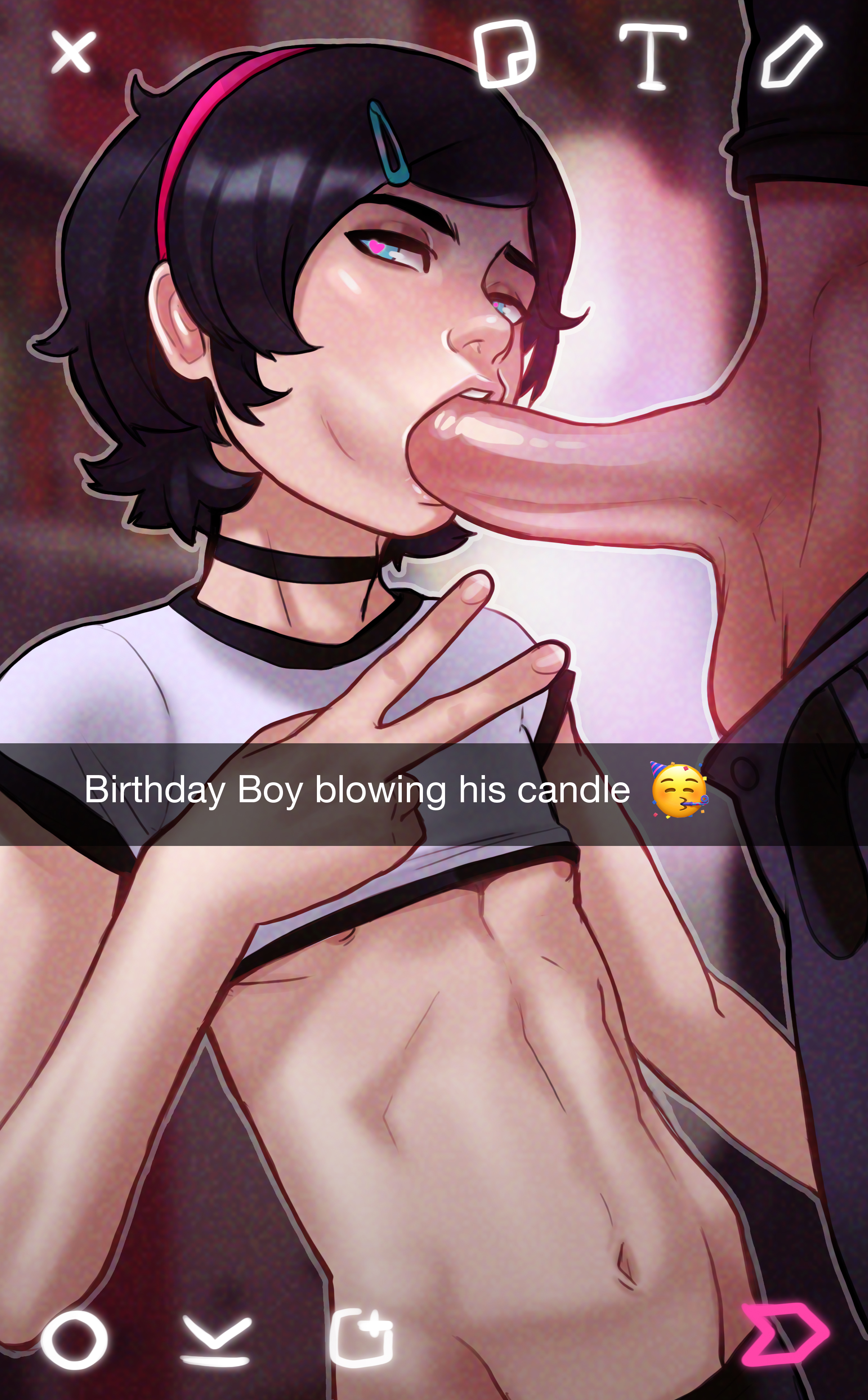2boys, alexis (andava), andava, andavaverse, black hair, blowjob, blue eyes, choker, english text, fellatio, femboy, gay, girly, hairband, heart-shaped pupils, light skin, light-skinned femboy, light-skinned male, looking at viewer, male, male only, mouthful, nipple peek, oral, pants down, peace sign, penis, petite, phone screen, short hair, short shirt, skinny, snapchat, t-shirt, trap, uncensored, upper body, very high resolution, yaoi