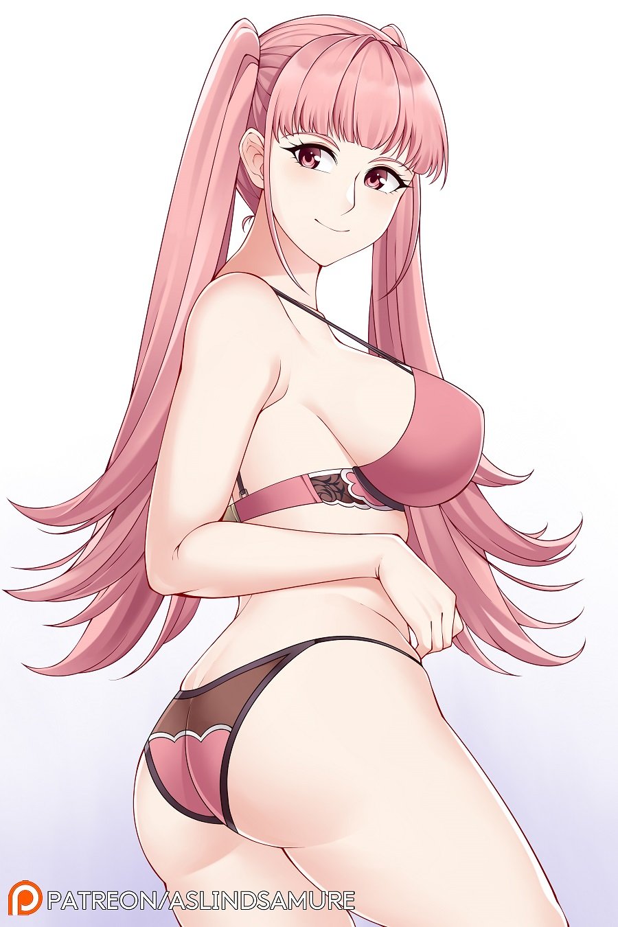 1girls, aslindsamure, ass, bangs, bare midriff, big ass, breasts, female, fire emblem, fire emblem: three houses, hilda valentine goneril, large breasts, lingerie, long hair, looking at viewer, nintendo, pink eyes, pink hair, smile, solo, source request, twintails