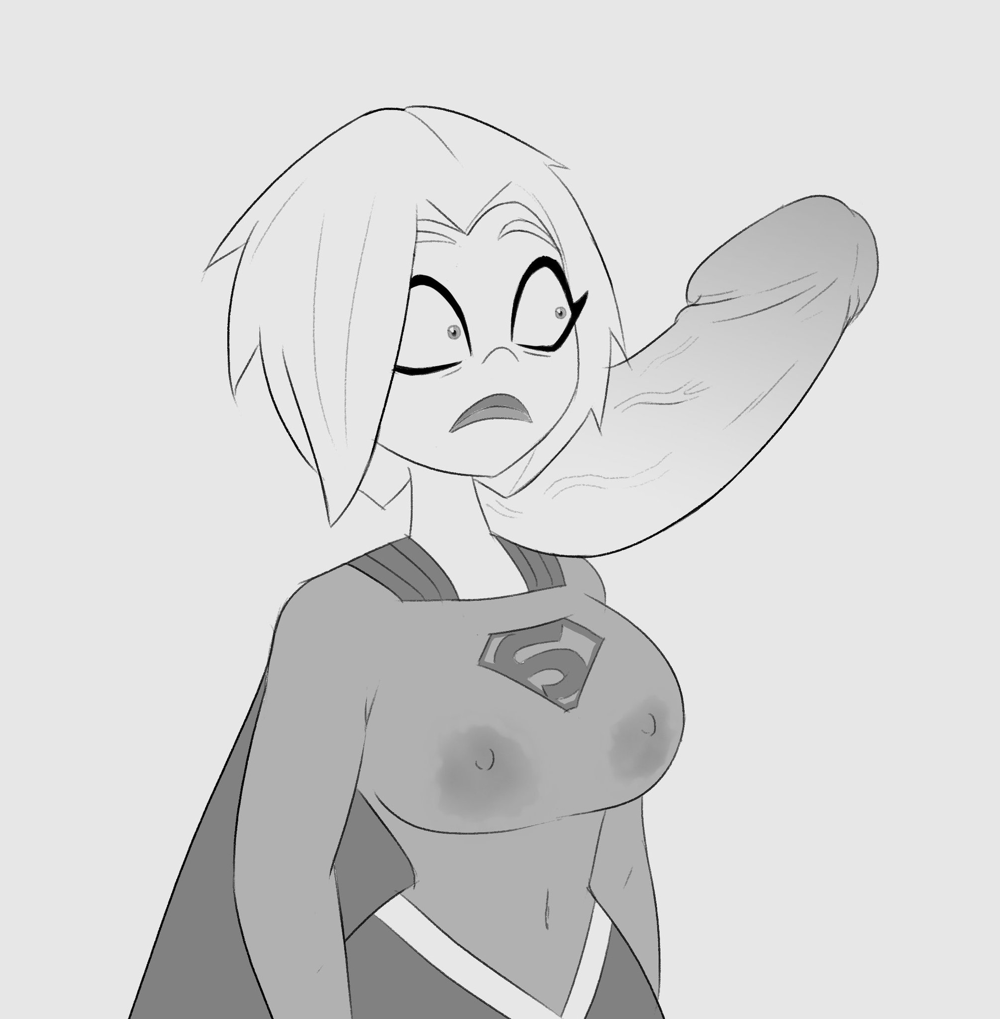 breasts, dc, dc comics, dc super hero girls, female, kara danvers, kara danvers (shg), kara zor-el, lactating, lactation, lactation through clothes, looking at penis, male, nipple bulge, nipples, partial male, penis, penis on shoulder, penis out, supergirl, superheroine, superman (series), unknown artist, worried, worried expression, worried face, worried look