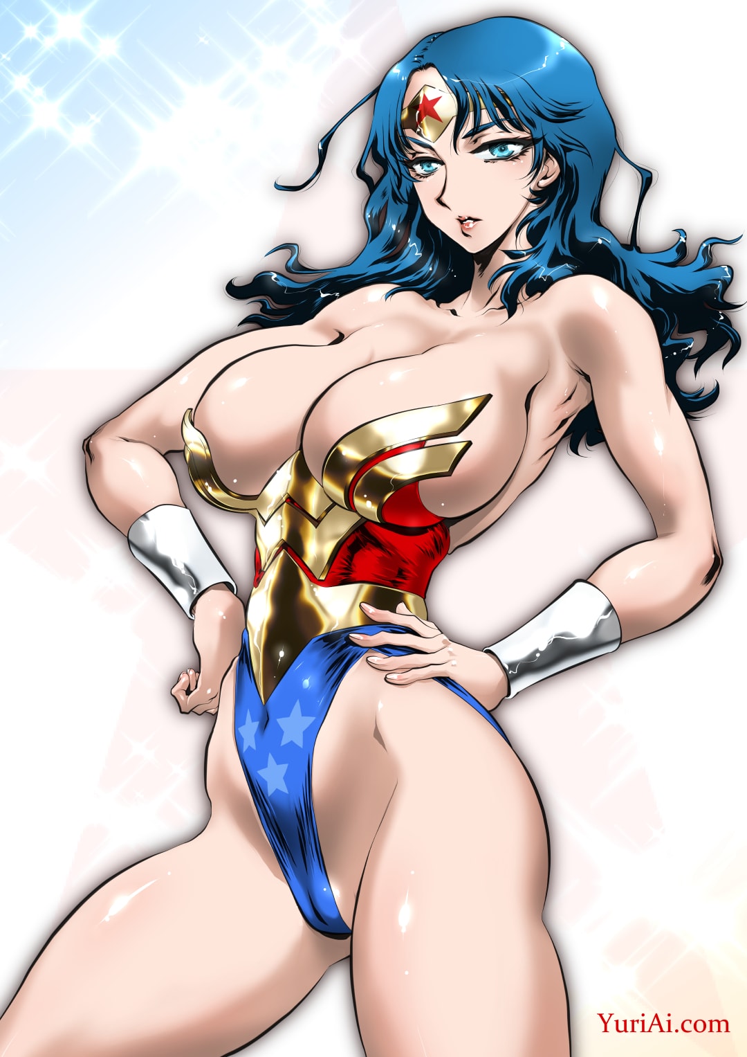 black_hair blue_eyes bracelets cleavage dc dc_comics diana_prince fit_female huge_breasts tiara voluptuous wonder_woman wonder_woman_(series) yuri-ai