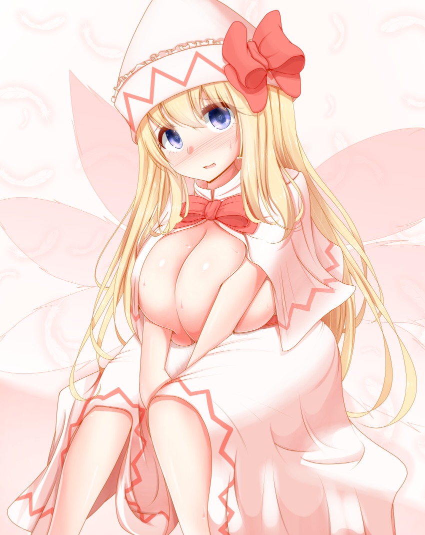 1girls blonde_hair blue_eyes blush breasts cleavage fairy fairy_wings huge_breasts large_breasts lily_white long_hair long_skirt shiro_oolong-cha skirt solo touhou wings