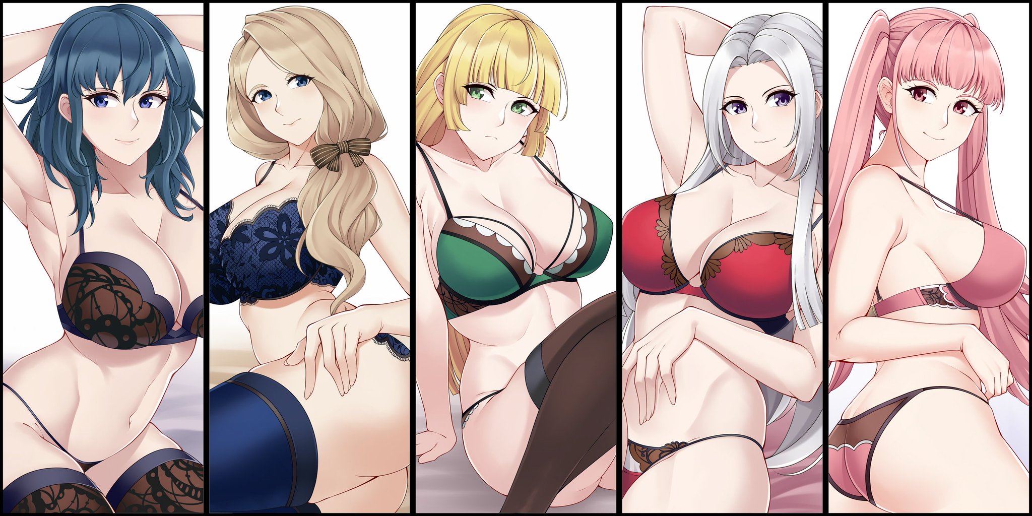 5girls, aslindsamure, ass, bare midriff, bare thighs, big ass, black legwear, black panties, blonde hair, blue eyes, blue legwear, blue panties, breasts, byleth (fire emblem), byleth (fire emblem) (female), edelgard von hresvelg, female, female only, fire emblem, fire emblem: three houses, green panties, hilda valentine goneril, ingrid brandl galatea, lace, large breasts, light skin, light-skinned female, lingerie, lingerie only, long hair, looking at viewer, medium hair, mercedes von martritz, multicolored bra, multicolored panties, nintendo, pink eyes, pink hair, pink panties, purple eyes, red panties, side ponytail, smile, source request, stockings, teal hair, thigh socks, thighhighs, twintails, two-tone bra, two-tone panties, underwear, underwear only, white hair