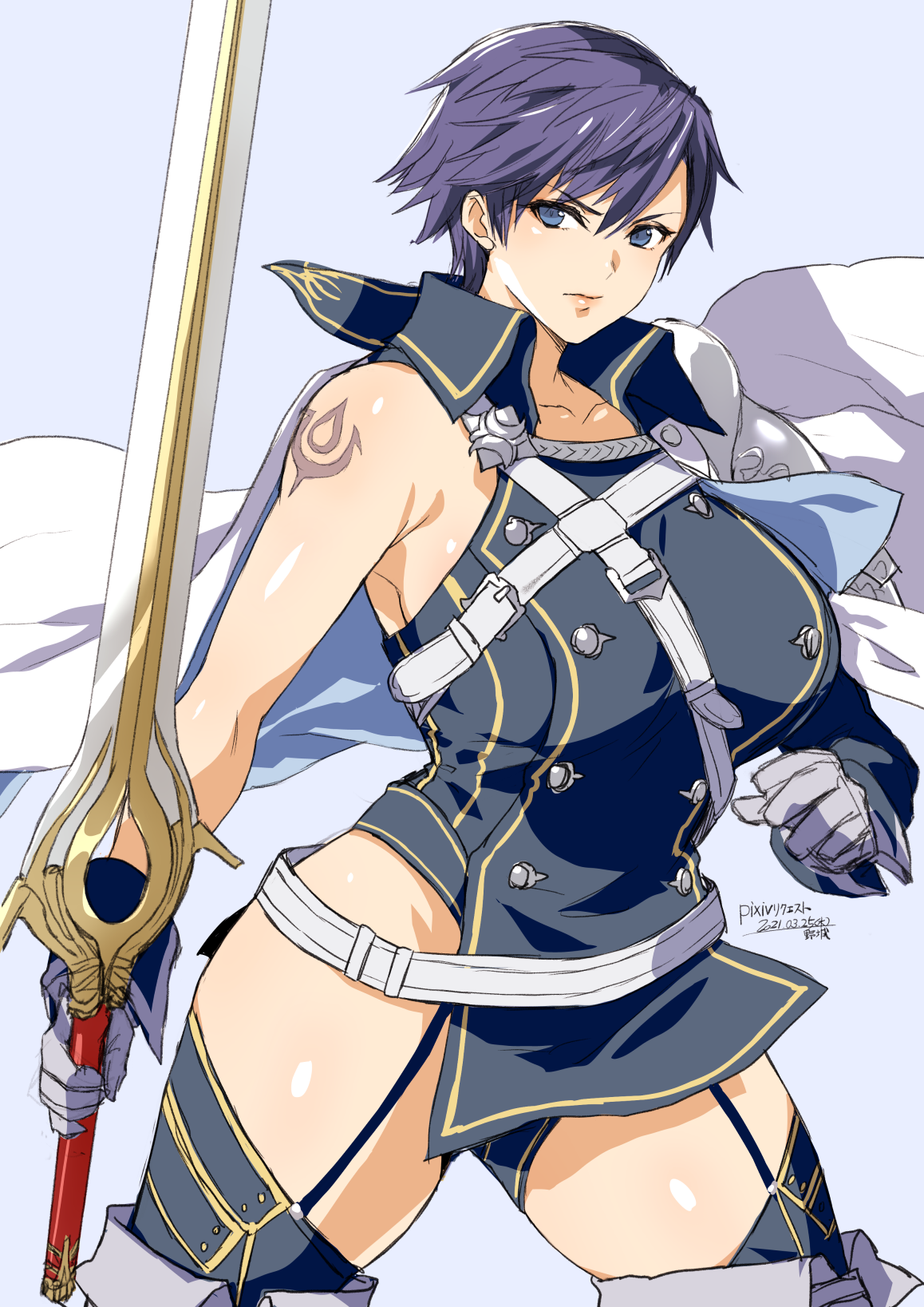 1girls, bare arms, bare thighs, big breasts, blue eyes, blue hair, breasts, chrom (fire emblem), falchion (fire emblem), female, fire emblem, fire emblem awakening, garter straps, genderswap, genderswap (mtf), large breasts, nintendo, rule 63, short hair, simple background, solo, solo female, sword, thick thighs, thighhighs, voluptuous, weapon, wide hips, yajiro masaru