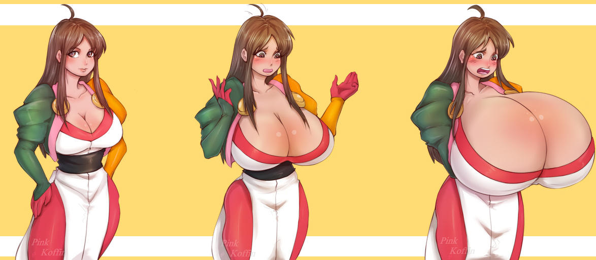 1girls, big breasts, blush, breast expansion, breast growth, breast growth (enlargement), breasts, breasts bigger than head, brown hair, bursting breasts, cleavage, enormous breasts, female, female only, gigantic breasts, huge breasts, jacee (malkaiwot), large breasts, massive breasts, original, original character, pinkkoffin, ryoko hakubi (cosplay), sequence, solo, solo female, top heavy, worried