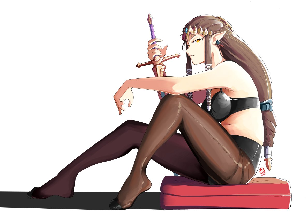 automatic giraffe, bra, brown hair, female, long hair, looking at viewer, pantyhose, pointy ears, princess zelda, sitting, sword, the legend of zelda, thighs, twilight princess, zelda (twilight princess)