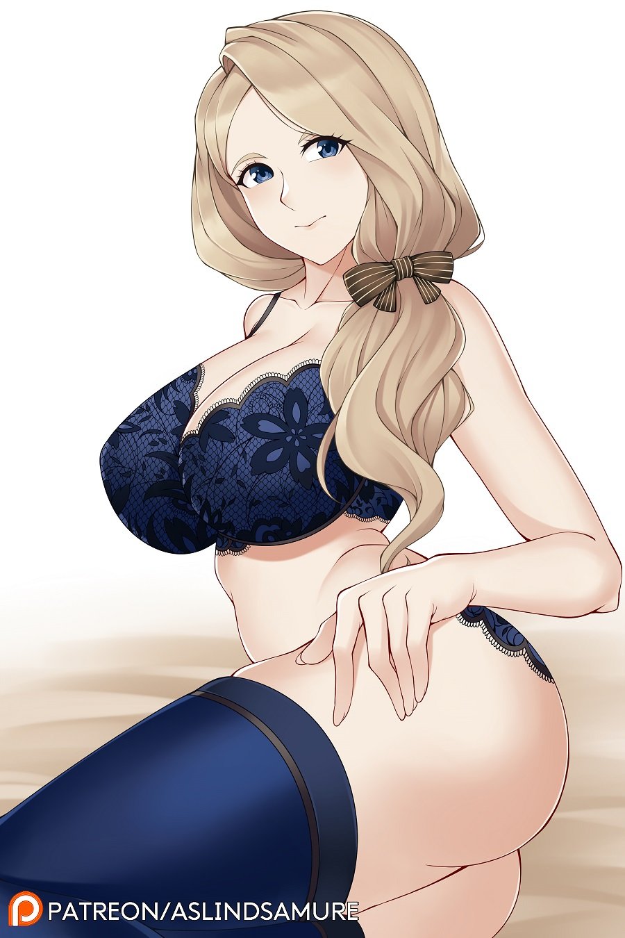 1girls, aslindsamure, ass, bare midriff, bare thighs, big ass, blonde hair, blue eyes, blue lingerie, blue stockings, bra, breasts, cleavage, deep cleavage, female, fire emblem, fire emblem: three houses, large breasts, lingerie, long hair, looking at viewer, mercedes von martritz, nintendo, side ponytail, smile, solo, source request, stockings, thick thighs, thighhighs, thong