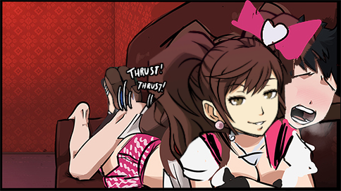 1boy, 1girls, ahe gao, big breasts, breasts, brown hair, cleavage, concept art, female, frottage, idol, kujikawa rise, looking at viewer, male, mind break, mosbles, outercourse, penis, persona, persona 4, pussyjob, sumata, sumata cafe, thigh sex