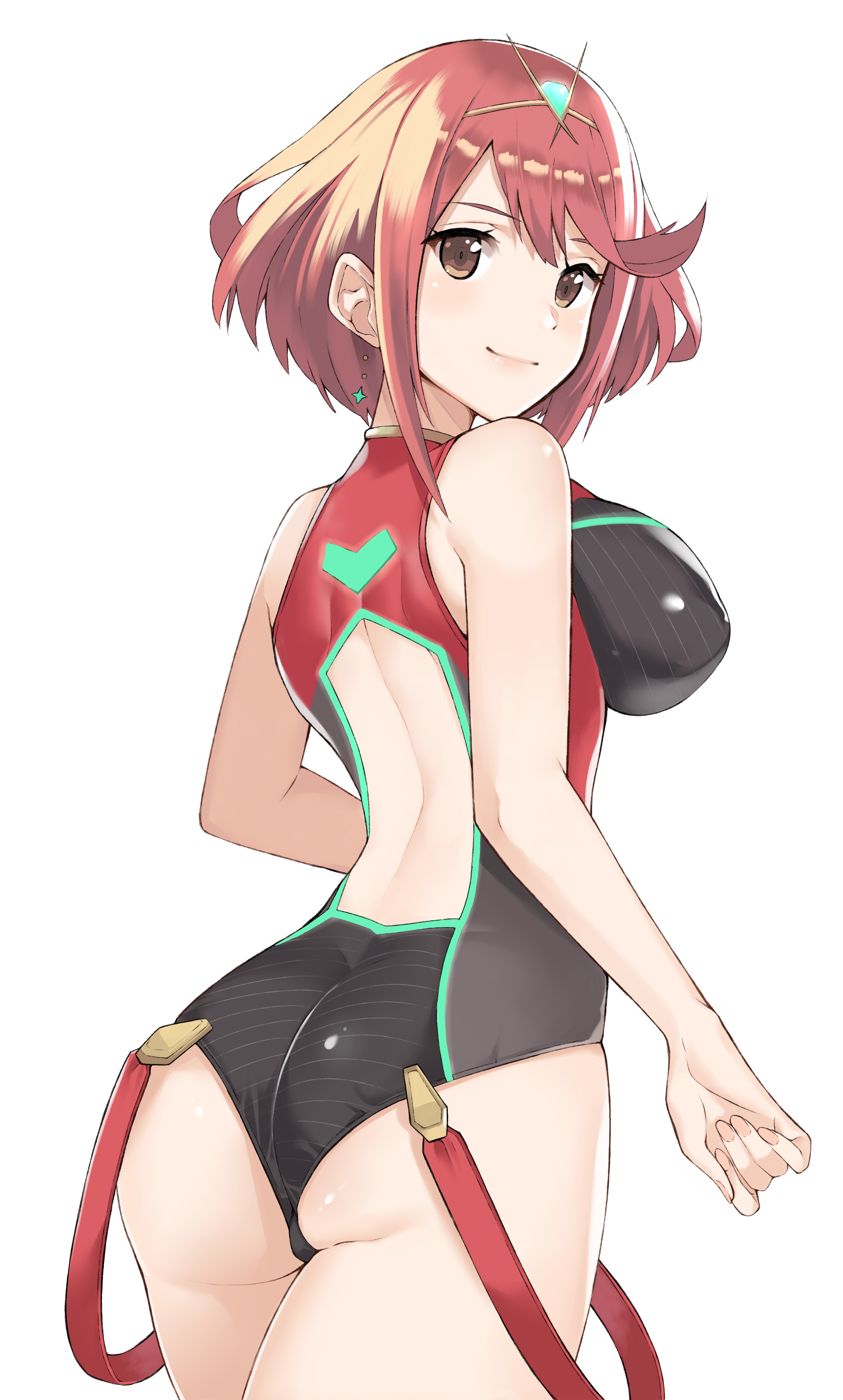 1girls, ass, bare shoulders, big breasts, breasts, brown eyes, earrings, female, female only, j@ck, light skin, light-skinned female, looking at viewer, looking back, looking back at viewer, nintendo, pyra, red hair, smile, solo, white background, xenoblade (series), xenoblade chronicles 2