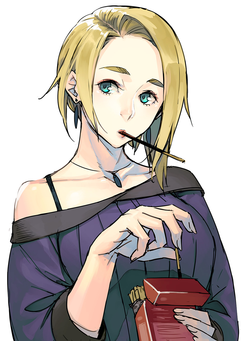 aqua_eyes bare_shoulders blonde_hair collarbone earrings eyeshadow female fingernails food food_in_mouth grey_background highres holding jewelry kyo_(kuroichigo) makeup medium_hair necklace original pink_eyeshadow pink_lips pocky simple_background solo upper_body