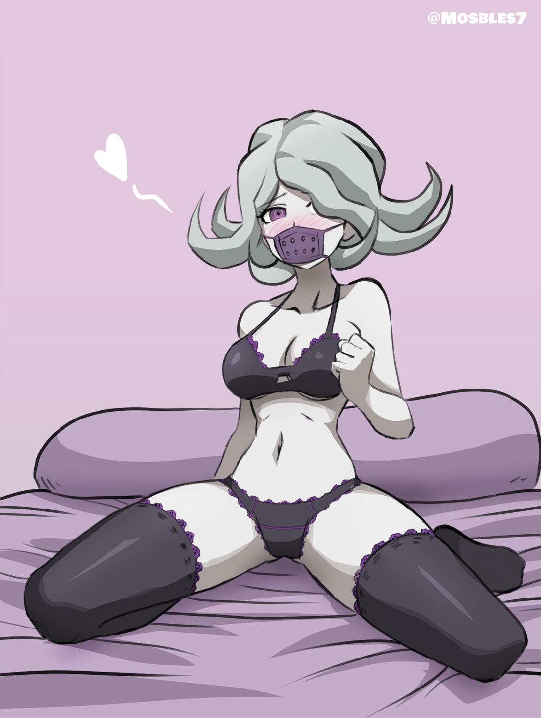 2d bed big_breasts blush danganronpa danganronpa_3 face_mask kimura_seiko lingerie mosbles straight_hair thick_thighs thigh_highs thighhighs white_hair