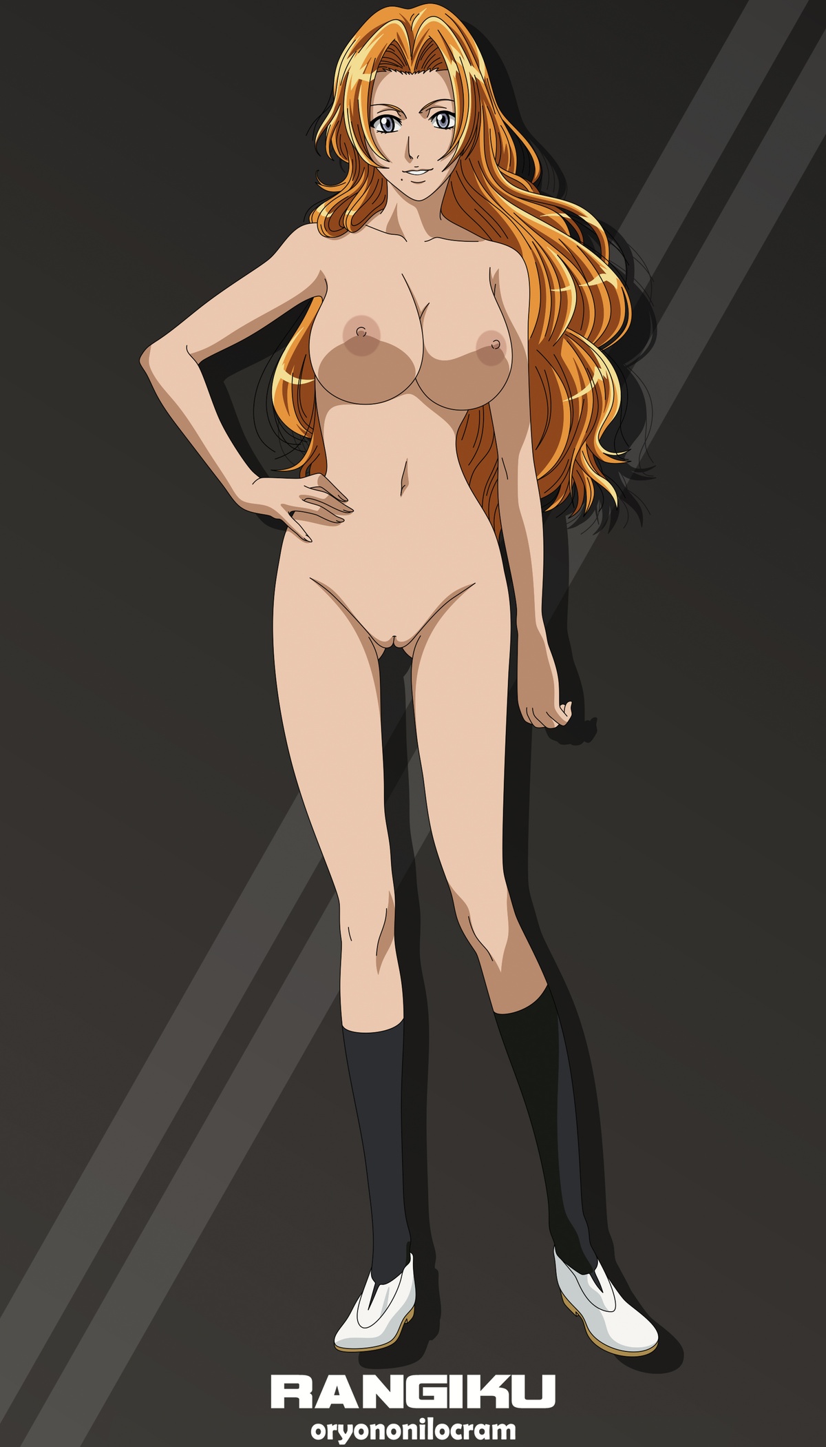 1girls, big breasts, bleach, breasts, busty, female, innie pussy, matsumoto rangiku, naked, naked footwear, nipples, nude, nude female, orange hair, oryononilocram, pussy, solo, solo female, vagina