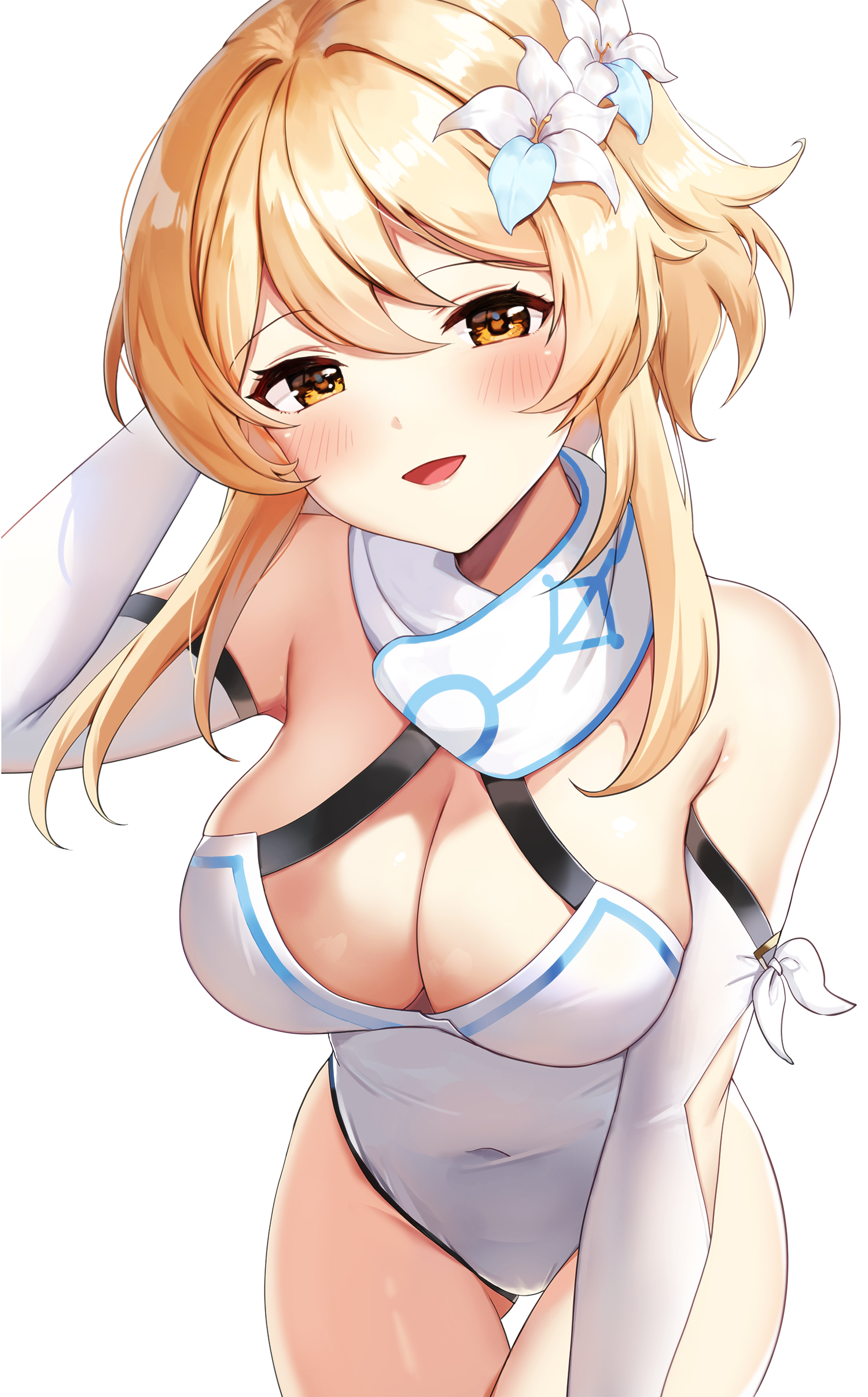 artist request, big breasts, blonde hair, breasts, female, genshin impact, lumine (genshin impact), smile, swimsuit, tagme