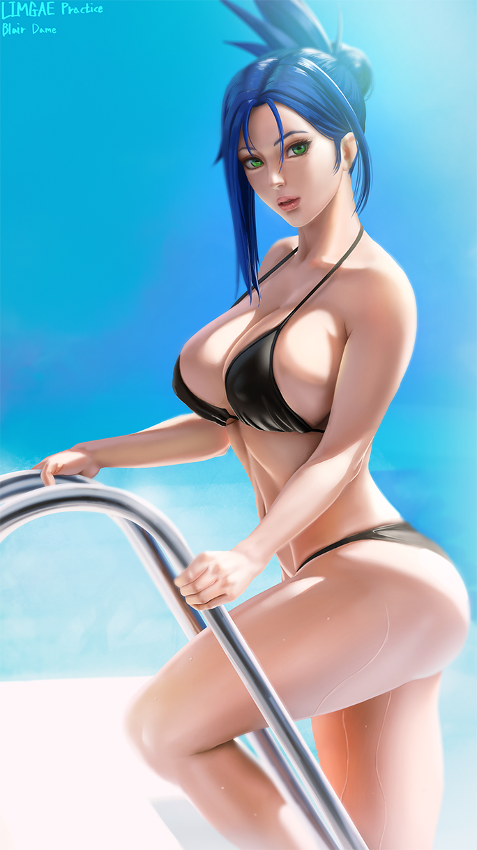 1girls arika artist_name artist_signature bikini blair_dame blue_hair breasts capcom fighting_ex_layer green_eyes limgae looking_at_viewer open_mouth pool street_fighter street_fighter_ex swimsuit swimwear tied_hair wet wip work_in_progress