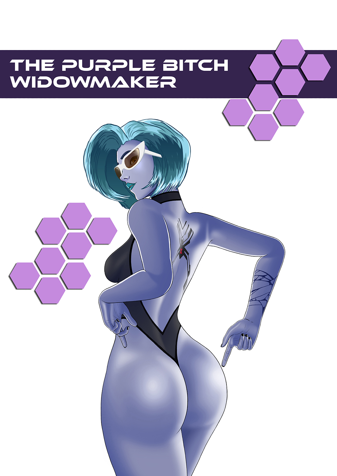 1girls, alternate hairstyle, alternate version available, amelie lacroix, ass, back tattoo, big ass, big butt, breasts, discko widowmaker, english text, female, female only, fisherman 2020, glasses, green hair, one-piece swimsuit, overwatch, overwatch 2, pointing at self, purple skin, revealing clothes, short hair, sideboob, solo, sunglasses, swimsuit, tattoo, tattoos, widowmaker
