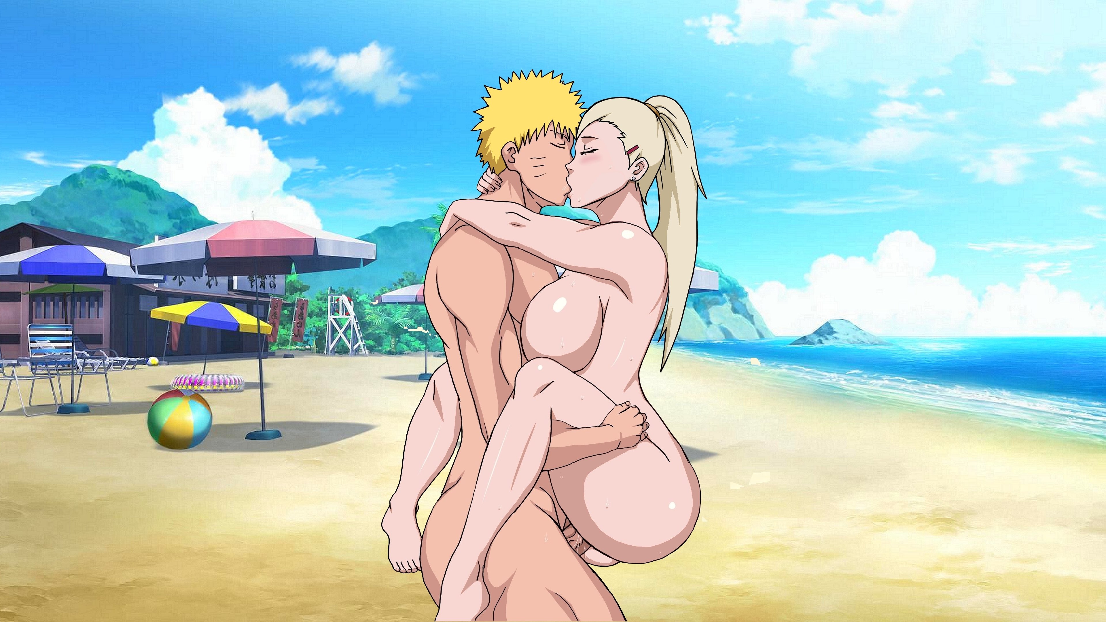1boy, 1girls, absurdres, alternate breast size, ambiguous penetration, areolae, beach, big breasts, blonde hair, blush, breasts, censored, closed eyes, completely nude, female, highres, human, ino yamanaka, kissing, kissing while penetrated, large breasts, light skin, light-skinned female, long hair, male, muscular, muscular male, naruho, naruto, naruto (series), naruto shippuden, nipples, nude, nude female, nude male, passionate, penis, ponytail, pussy, sex, short hair, slim waist, stand and carry position, standing sex, straight, suspended congress, sweat, teenage female, teenager, teenager on teenager, thick thighs, tied hair, uzumaki naruto, vaginal penetration, veiny penis