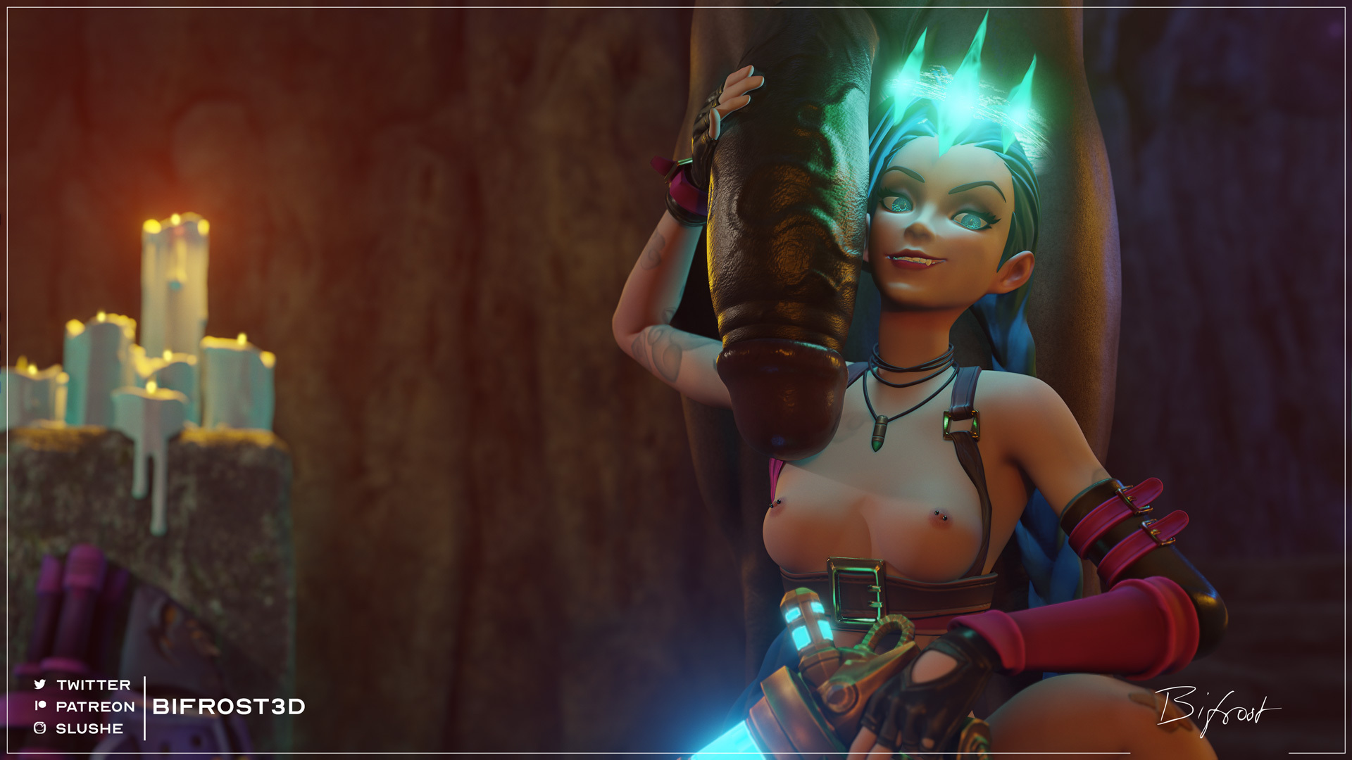 1boy, 1girls, 3d, bifrost3d, big penis, corruption, dark skin, dark-skinned male, female, interracial, jinx (league of legends), league of legends, looking at viewer, male, mind control, penis, ruined king symbol