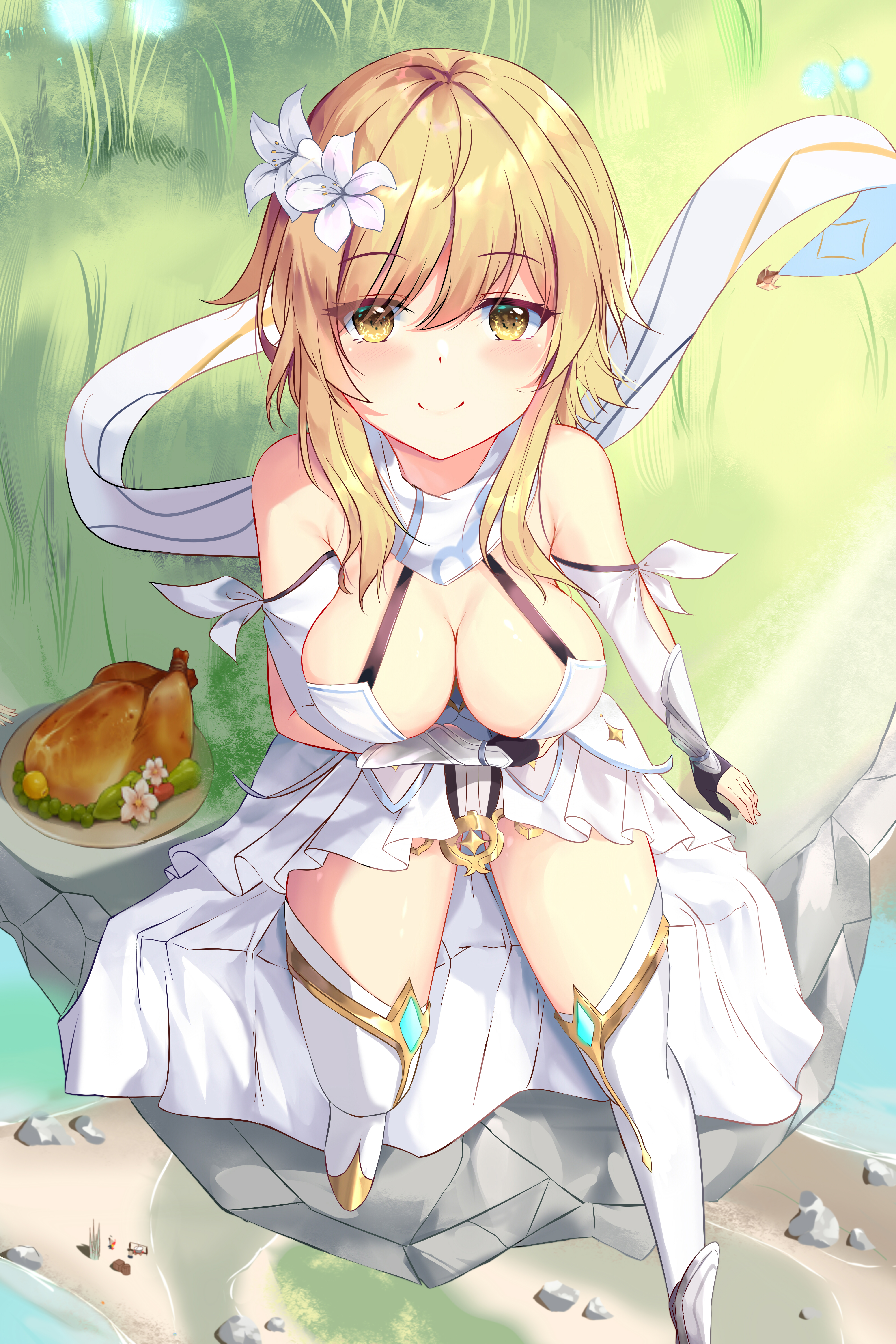 big breasts, blonde hair, boots, breasts, female, genshin impact, lumine (genshin impact), short hair, smile, stockings, tagme, thigh boots