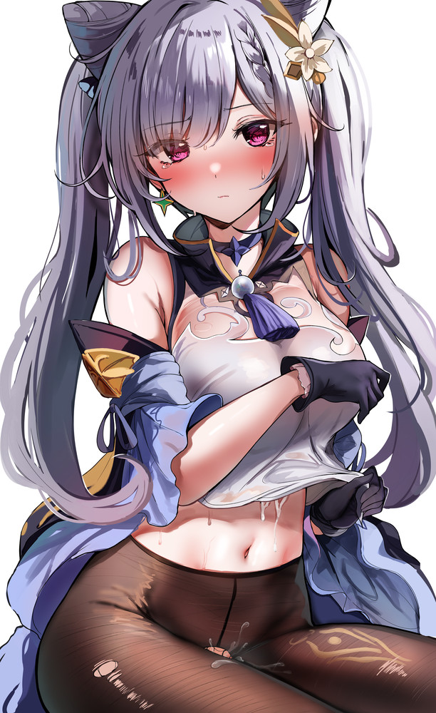 1girls, blush, female, female focus, female only, genshin impact, hair, keqing (genshin impact), pantyhose, purple eyes, purple hair, sak (lemondisk), twintails, white shirt