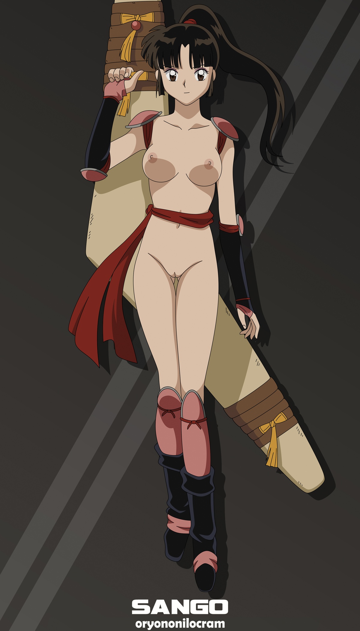 1girls, armor, boobs, breasts, brown eyes, brown hair, female, female only, hairless pussy, innie pussy, inuyasha, medium breasts, naked, naked footwear, nipples, nude, nude female, oryononilocram, perky breasts, pussy, sango, shaved crotch, shaved pussy, smile, solo, solo female, tits, vagina