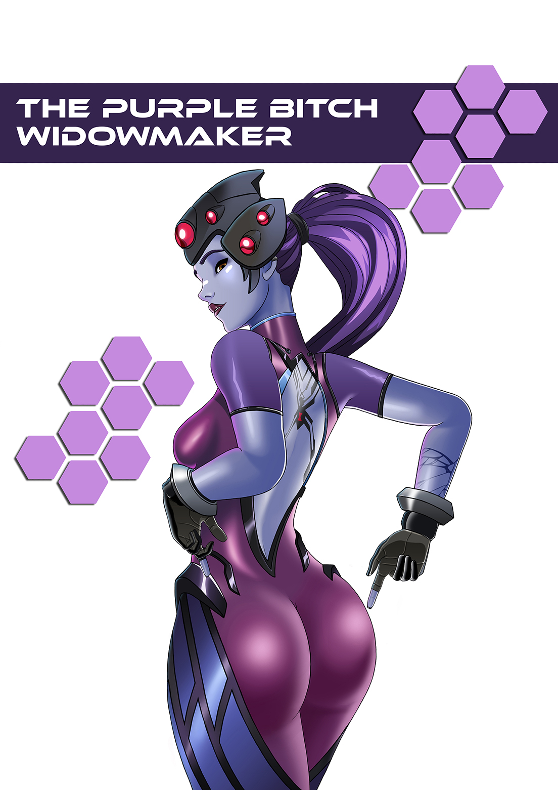 1girls, alternate version available, amelie lacroix, ass, back tattoo, big ass, big butt, breasts, english text, female, female only, fisherman 2020, fully clothed, overwatch, overwatch 2, pointing at self, ponytail, purple hair, purple skin, sideboob, solo, tattoo, tattoos, tight clothing, widowmaker