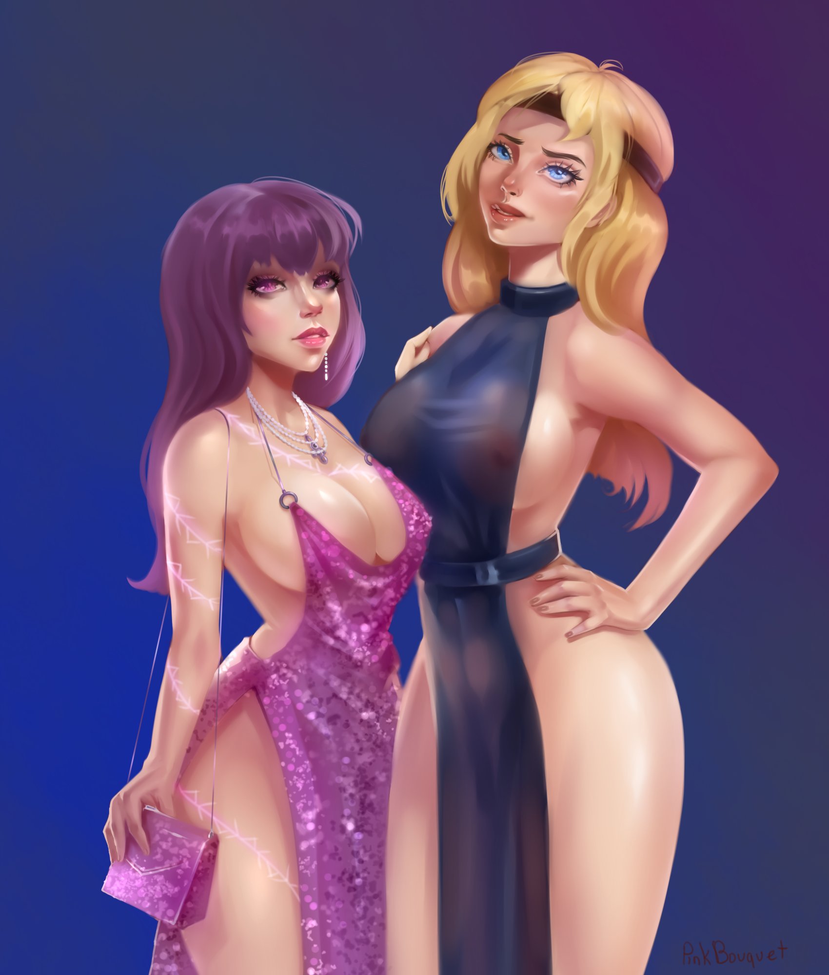 2girls, astrid hofferson, blue eyes, blue hair, dress, female, how to train your dragon, itsslowlypinkbouquet, multiple females, multiple girls, nipples visible through clothing, pink eyes, pink hair, pinkbouquet, realistic, see-through, siduri