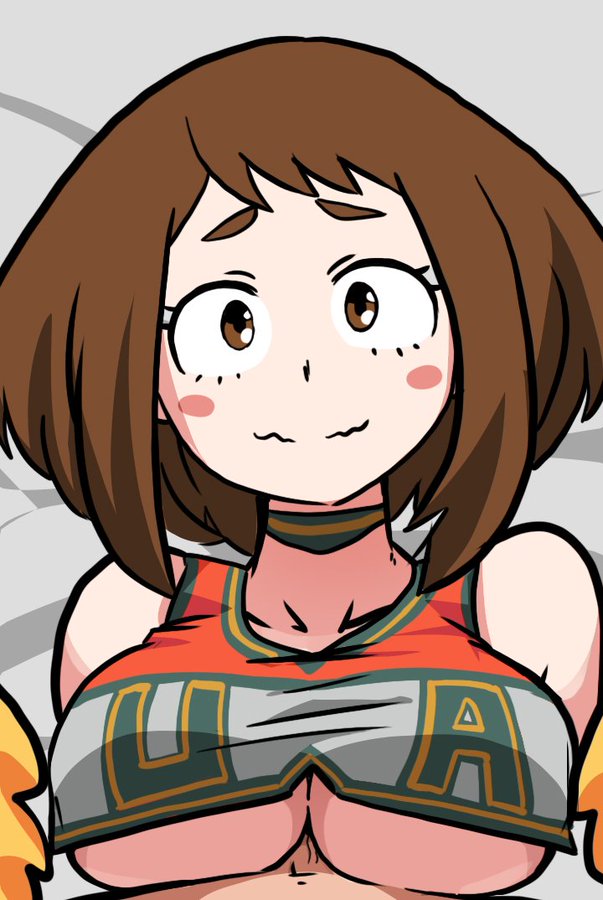 1boy, 1girls, breasts, brown hair, brown-haired female, cheerleader, cheerleader uniform, clothing, female, looking at viewer, mosbles, my hero academia, ochako uraraka, outercourse, paizuri, paizuri under clothes, shounen jump, underboob