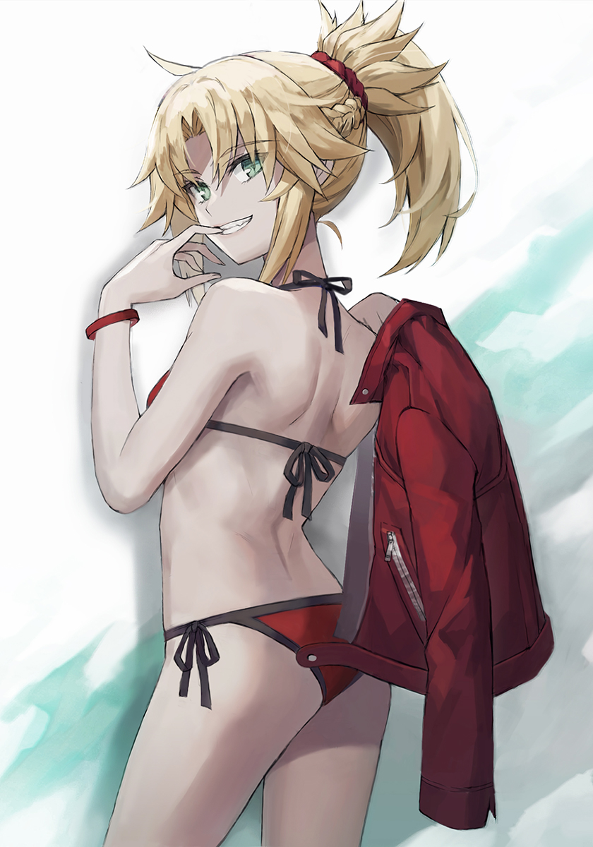 1girls arms_up ass back back_view bare_arms bare_back bare_shoulders bikini blonde_hair bracelet breasts cowboy_shot fate/apocrypha fate/grand_order fate_(series) female female_focus female_only french_braid green_eyes high_ponytail jacket looking_at_viewer mordred_(fate) mordred_(swimsuit_rider) pale-skinned_female pale_skin ponytail pose scrunchie slim small_breasts smile solo string_bikini swimsuit toned toned_female tonee