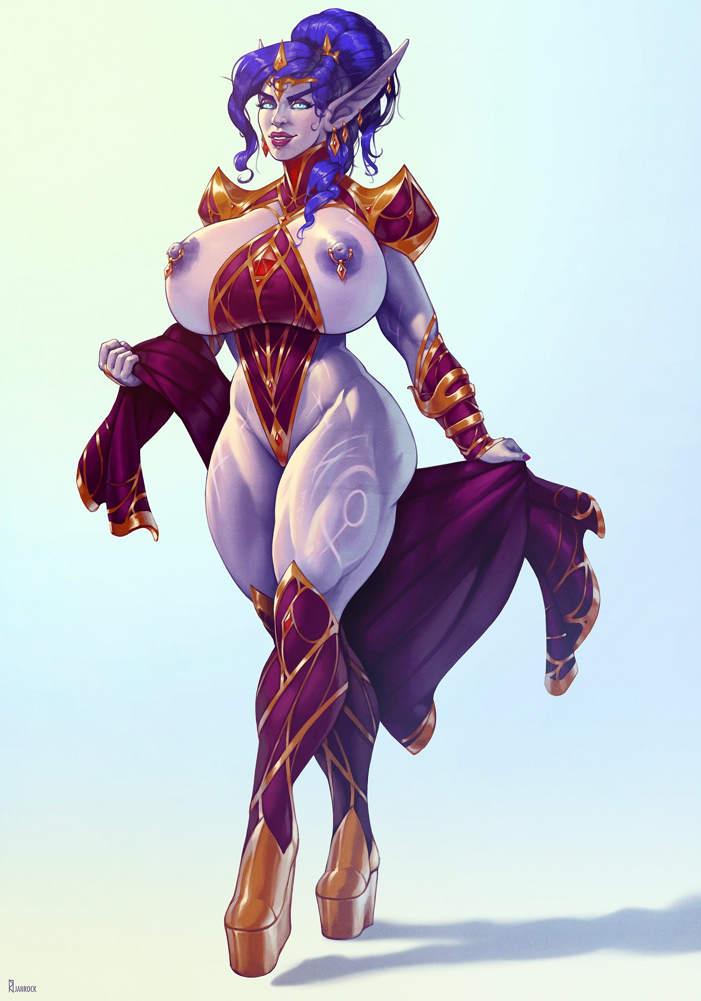 1girls, abs, areolae, breasts, elf, female, female only, huge breasts, janrock, male, muscles, muscular, muscular female, muscular male, nipple piercing, nipples, piercing, thick thighs, wide hips