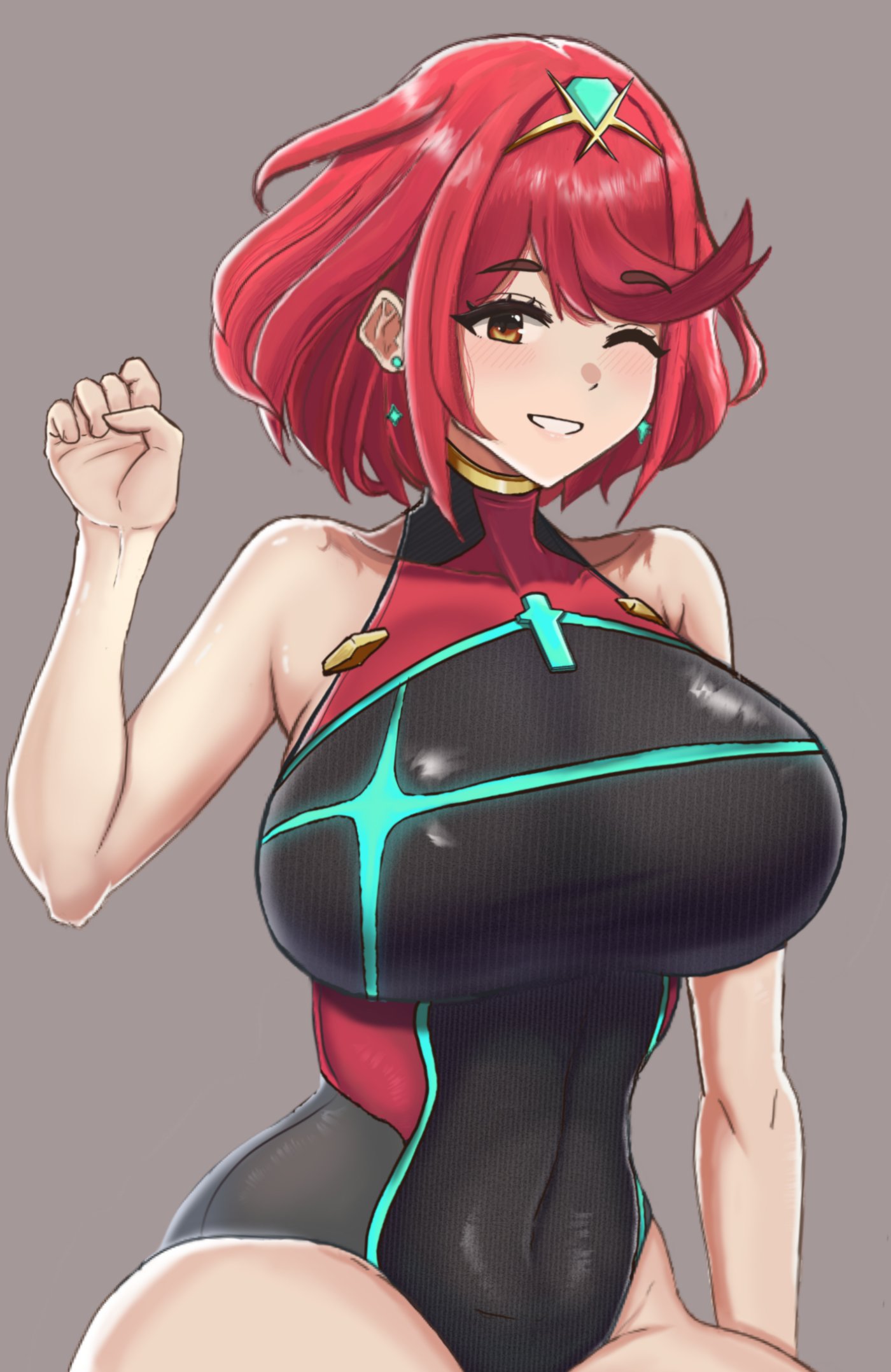 ;), 1girls, bangs, bare arms, bare shoulders, black swimsuit, breasts, chest jewel, competition swimsuit, covered navel, curvy, desspie, earrings, eyebrows visible through hair, female, grin, highres, huge breasts, jewelry, looking at viewer, one eye closed, one-piece swimsuit, orange eyes, pyra, red hair, short hair, smile, solo, solo female, swept bangs, swimsuit, xenoblade (series), xenoblade chronicles 2