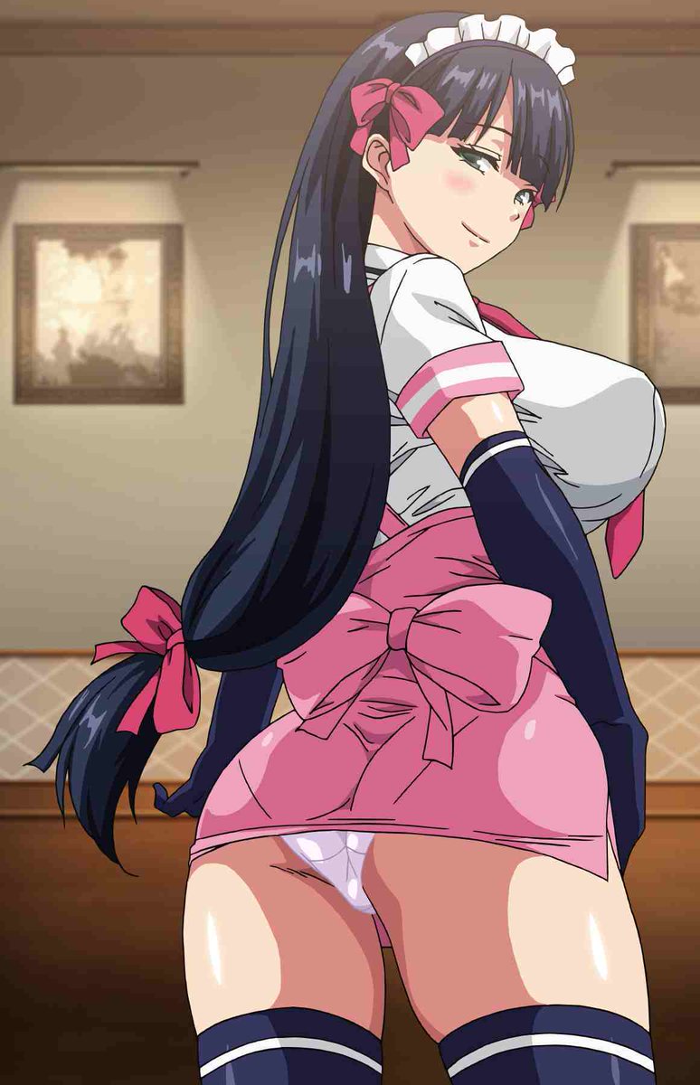 akiha (mayoiga no onee san), black gloves, black hair, blush, female, gloves, green eyes, highres, long hair, looking at viewer, maid, maid headdress, mayoiga no onee san, panties, pantyshot, ponytail, screencap, screenshot, smile, solo, solo female, t-rex (animation studio), tagme, underwear, white panties