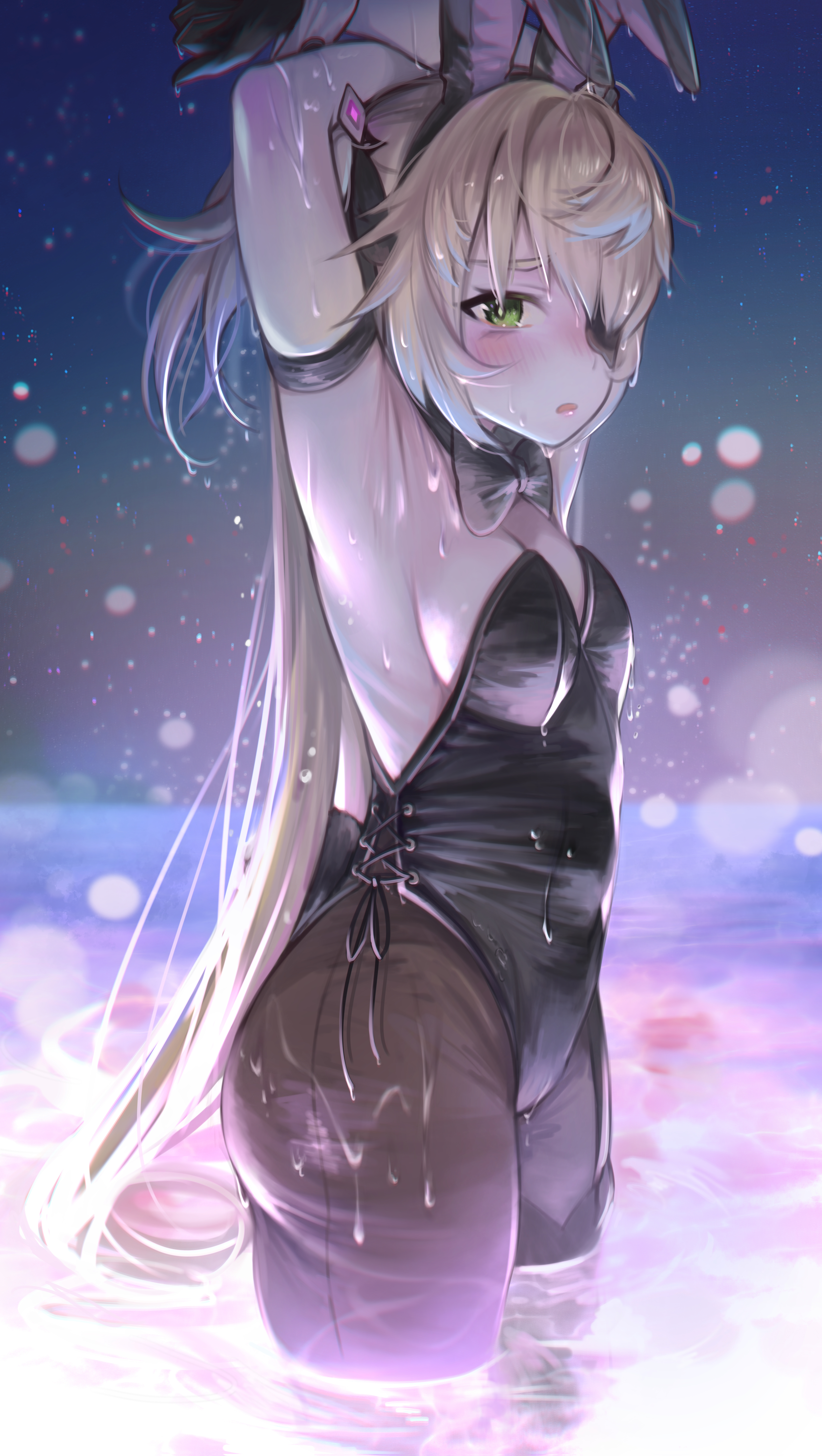 absurdres, animal ears, armpits, arms behind head, arms up, bangs, bare shoulders, black leotard, blush, breasts, bunny ears, detached collar, eyepatch, fake animal ears, female, fischl (genshin impact), genshin impact, green eyes, hair over one eye, highleg, highleg leotard, highres, huge filesize, leotard, long hair, looking at viewer, pantyhose, playboy bunny, revision, small breasts, strapless, strapless leotard, thighs, torriet, two side up, wading, wet
