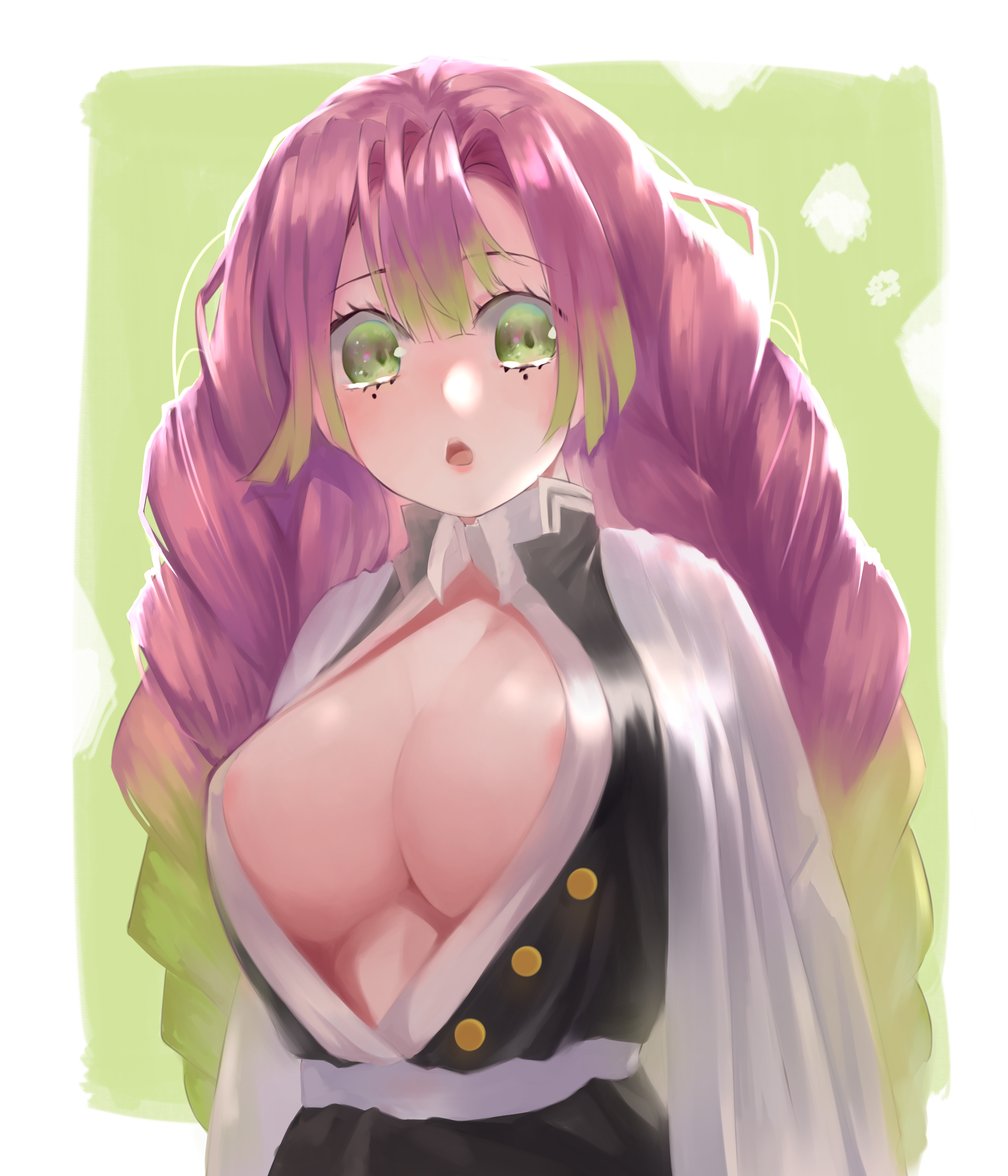 :o, 1girls, absurdres, areola slip, areolae, braids, breasts, cleavage, cleavage cutout, clothing cutout, demon slayer, female, gradient hair, green eyes, green hair, haori, highres, kanroji mitsuri, kimetsu no yaiba, large breasts, looking at viewer, mole, mole under eye, multicolored hair, no bra, open mouth, pink hair, pink-haired female, solo, torriet, twin braids, upper body