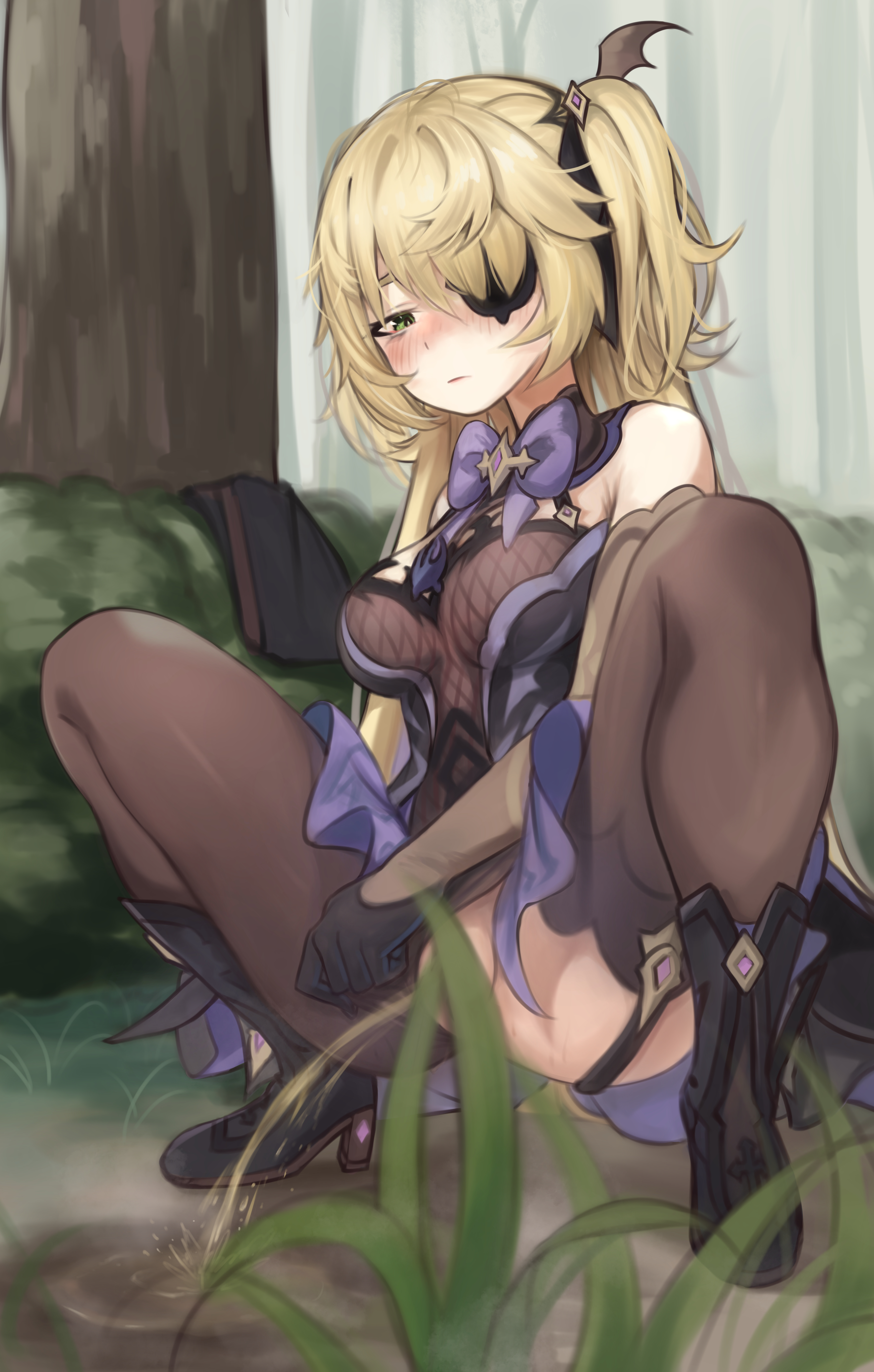 absurdres, black footwear, black legwear, black leotard, blonde hair, blush, boots, bow, bowtie, breasts, bush, convenient censoring, dress, eyepatch, female, fischl (genshin impact), forest, genshin impact, grass, green eyes, high heels, highres, large breasts, leotard, leotard aside, long hair, looking down, nature, peeing, ponytail, puddle, purple dress, purple neckwear, side ponytail, solo, squatting, thighhighs, torriet, tree