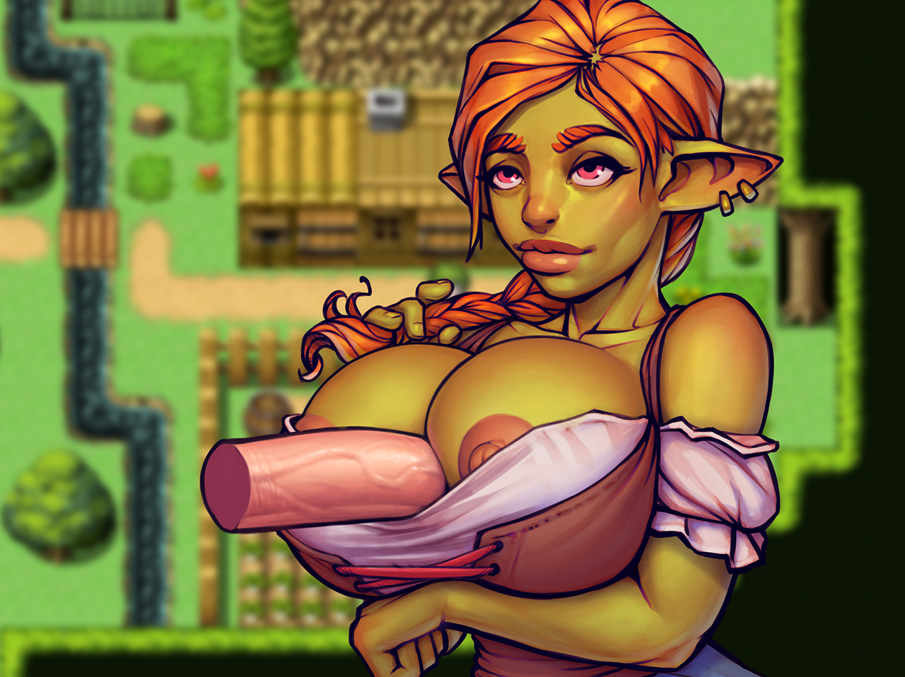 1boy, 1girls, areolae, big penis, boobsgames, breasts, disembodied penis, erection, female, goblin, goblin (warlock and boobs), goblin female, huge breasts, krowly mccormick, light skin, light-skinned male, male, nipples, paizuri, penis, perpendicular paizuri, straight, unseen male face, warlock and boobs