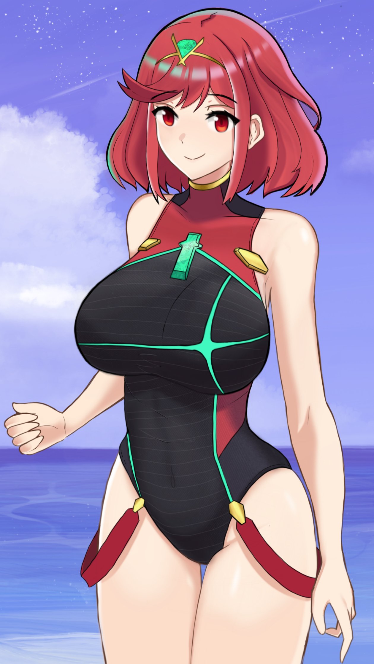 1girls, bangs, bare arms, bare shoulders, breasts, cloud, competition swimsuit, covered navel, desspie, eyebrows visible through hair, female, female focus, highres, huge breasts, looking at viewer, matching hair/eyes, nintendo, one-piece swimsuit, pyra, red eyes, red hair, sky, smile, solo, solo female, swept bangs, swimsuit, water, xenoblade (series), xenoblade chronicles 2