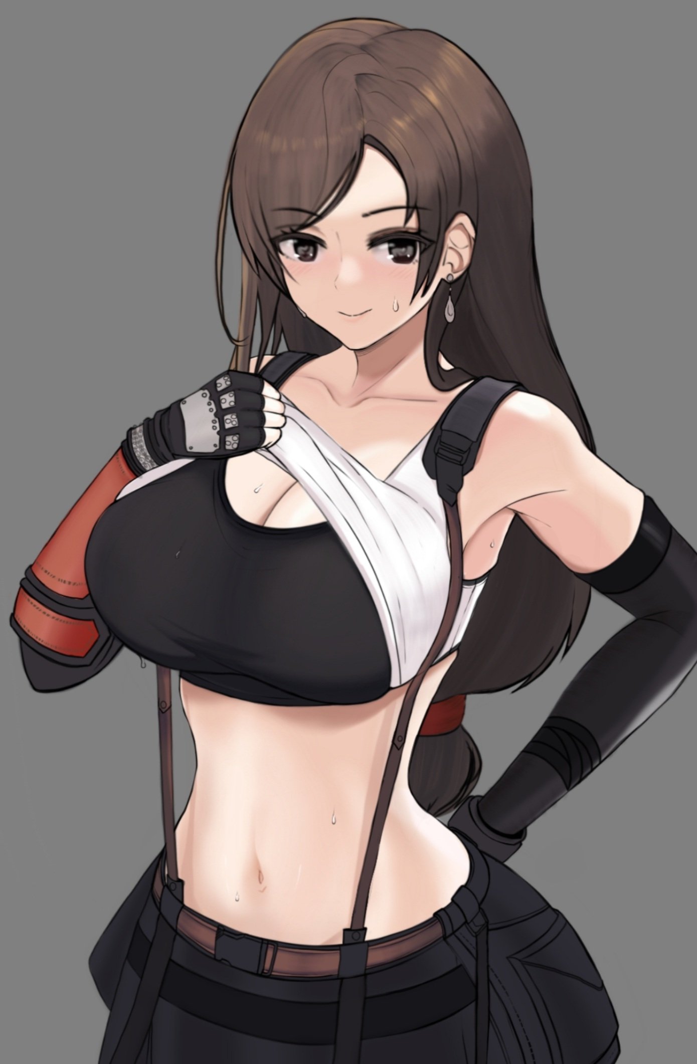 bangs bare_shoulders belt black_bra blush bra breasts brown_hair cleavage collarbone desspie earrings elbow_gloves eyebrows_visible_through_hair female final_fantasy final_fantasy_vii final_fantasy_vii_remake fingerless_gloves gloves grey_background highres jewelry large_breasts long_hair looking_at_viewer navel simple_background smile solo solo_female sports_bra suspenders sweat tank_top tifa_lockhart underwear