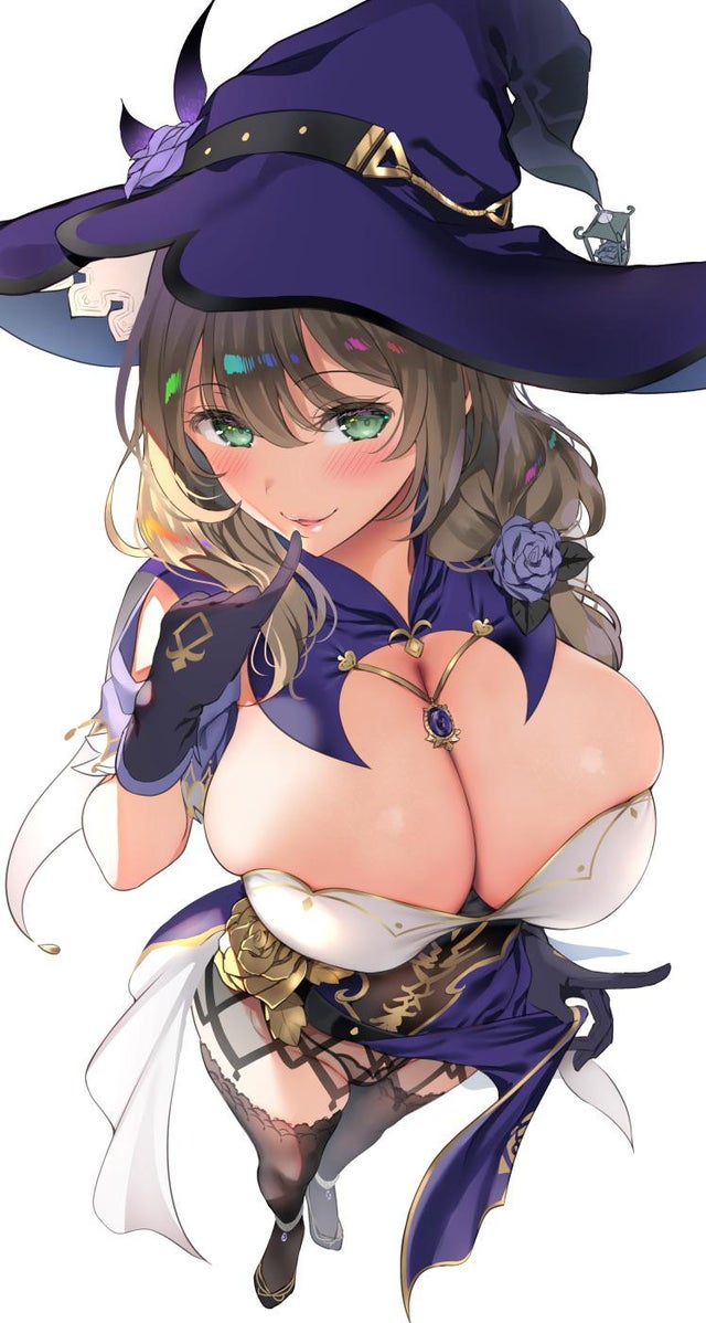 ass, big ass, big breasts, blonde hair, blush, breasts, bursting breasts, female, genshin impact, gloves, green eyes, hair ornament, lisa (genshin impact), panties, purple dress, robe, stockings, witch hat