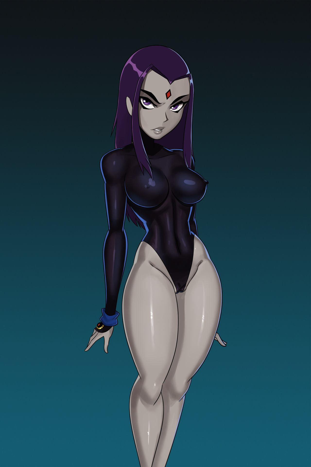 1girls, black leotard, breasts, cartoon network, clothed, dc, dc comics, demon, demon girl, female, female only, forehead jewel, grey skin, leotard, long hair, medium breasts, nipples visible through clothing, purple eyes, purple hair, pussy, pussy visible through clothes, rachel roth, raven (dc), solo, sunsetriders7, superheroine, teen titans